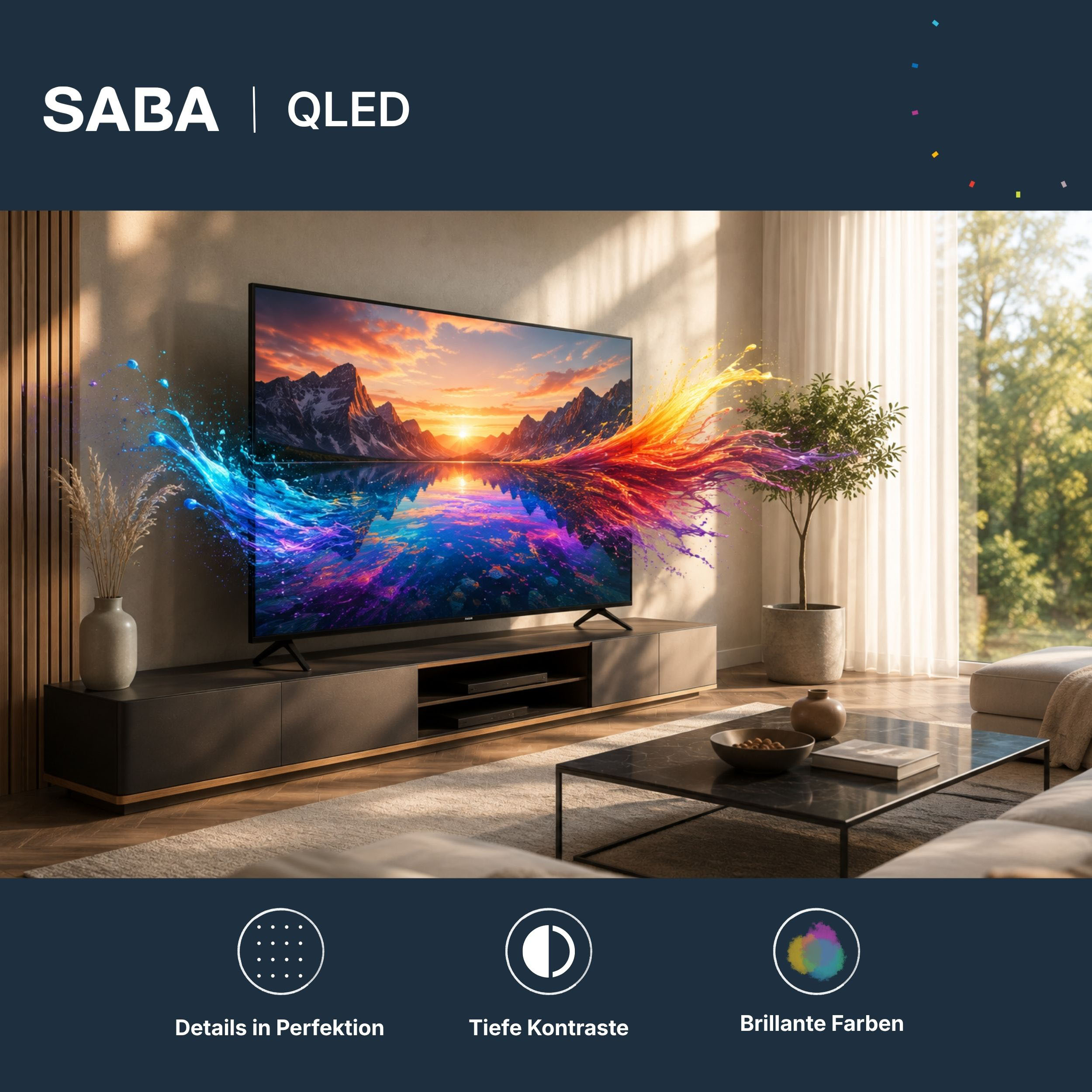 Ein SABA QLED TV auf einem Lowboard in einem Wohnzimmer zeigt eine bunte Berglandschaft mit Farbspritzern.
