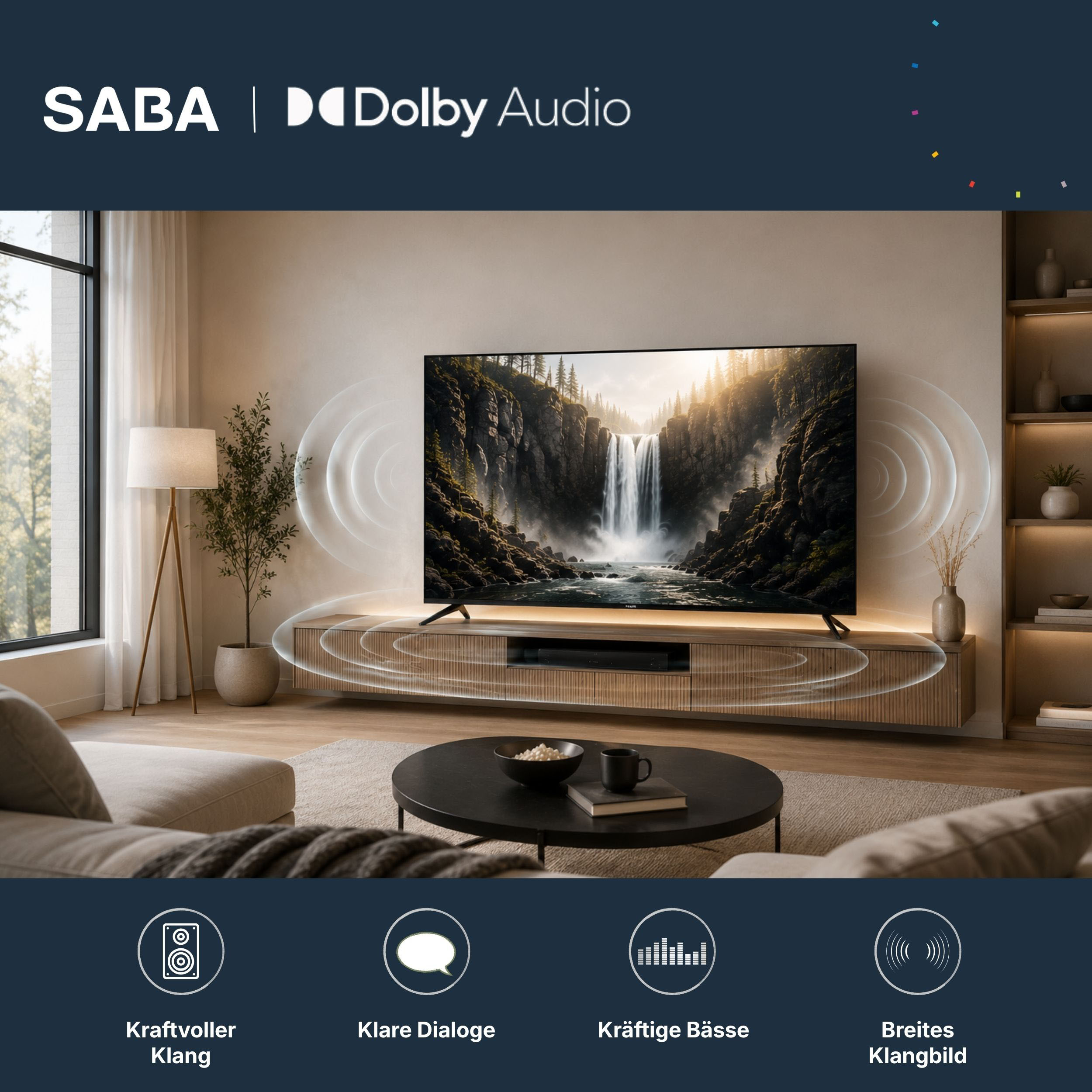 Wohnzimmer mit großem Fernseher, Dolby Audio-Logo und akustischen Wellen-Grafiken zur Klbenschreibung.