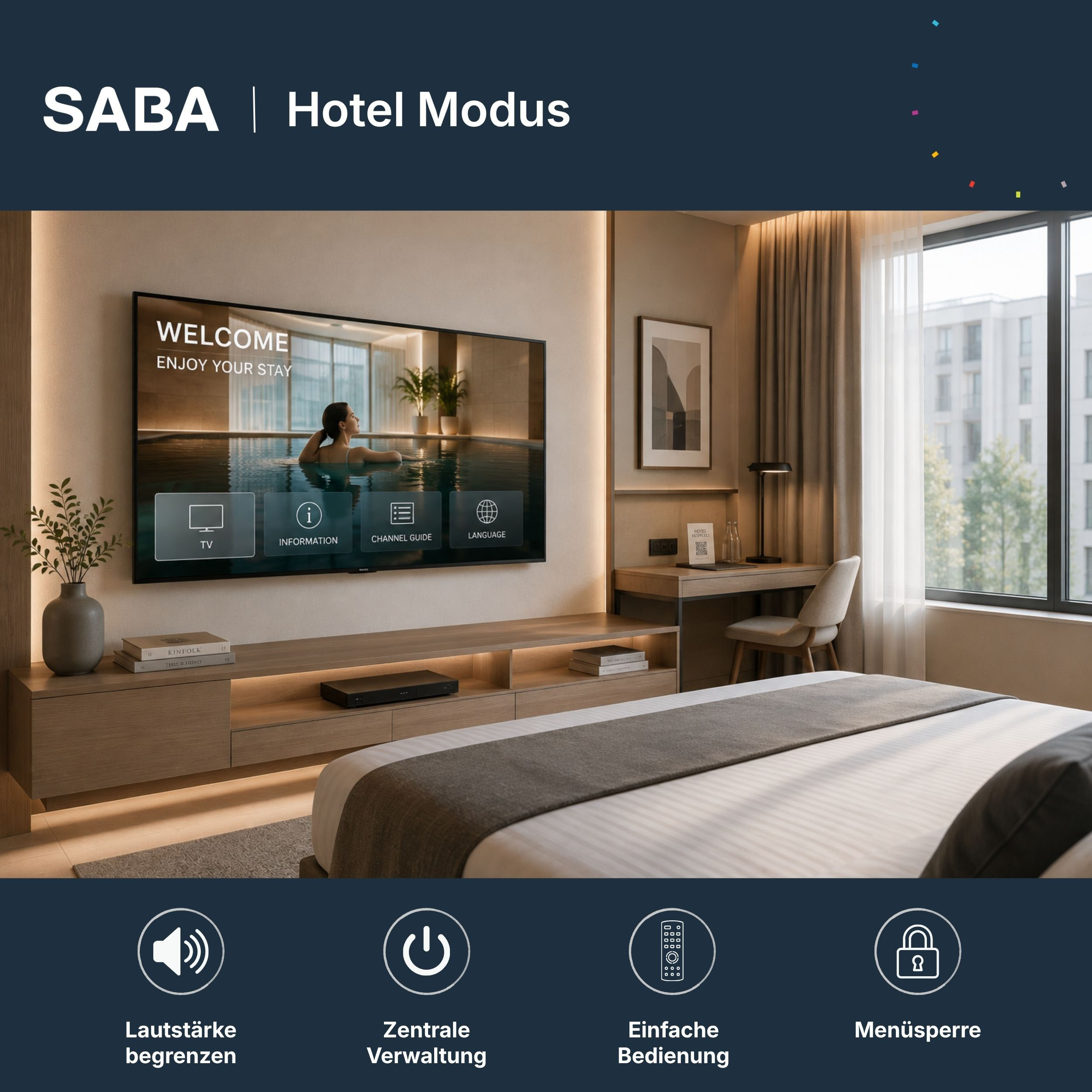 Hotelzimmer mit großem Fernseher an der Wand, der das SABA Hotel-Modus-Menü anzeigt, und einem Bett im Vordergrund.