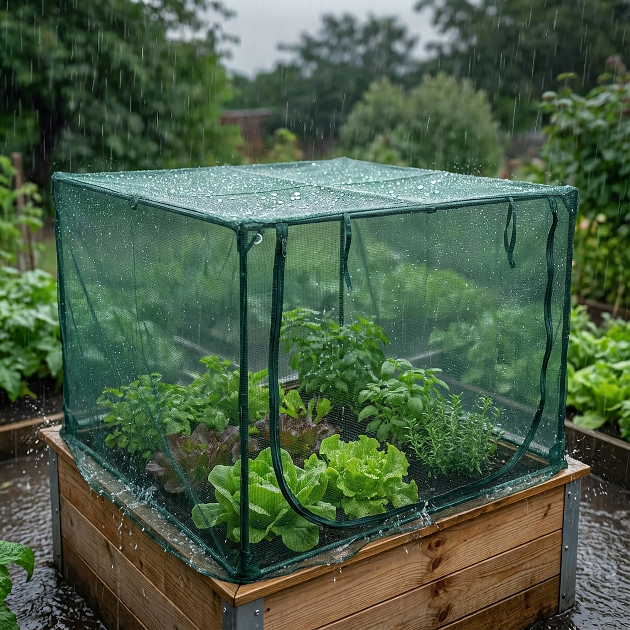 Ein hölzernes Hochbeet im Garten wird von einem grünen Netzdach bei Regen geschützt, grüne Pflanzen wachsen darin.