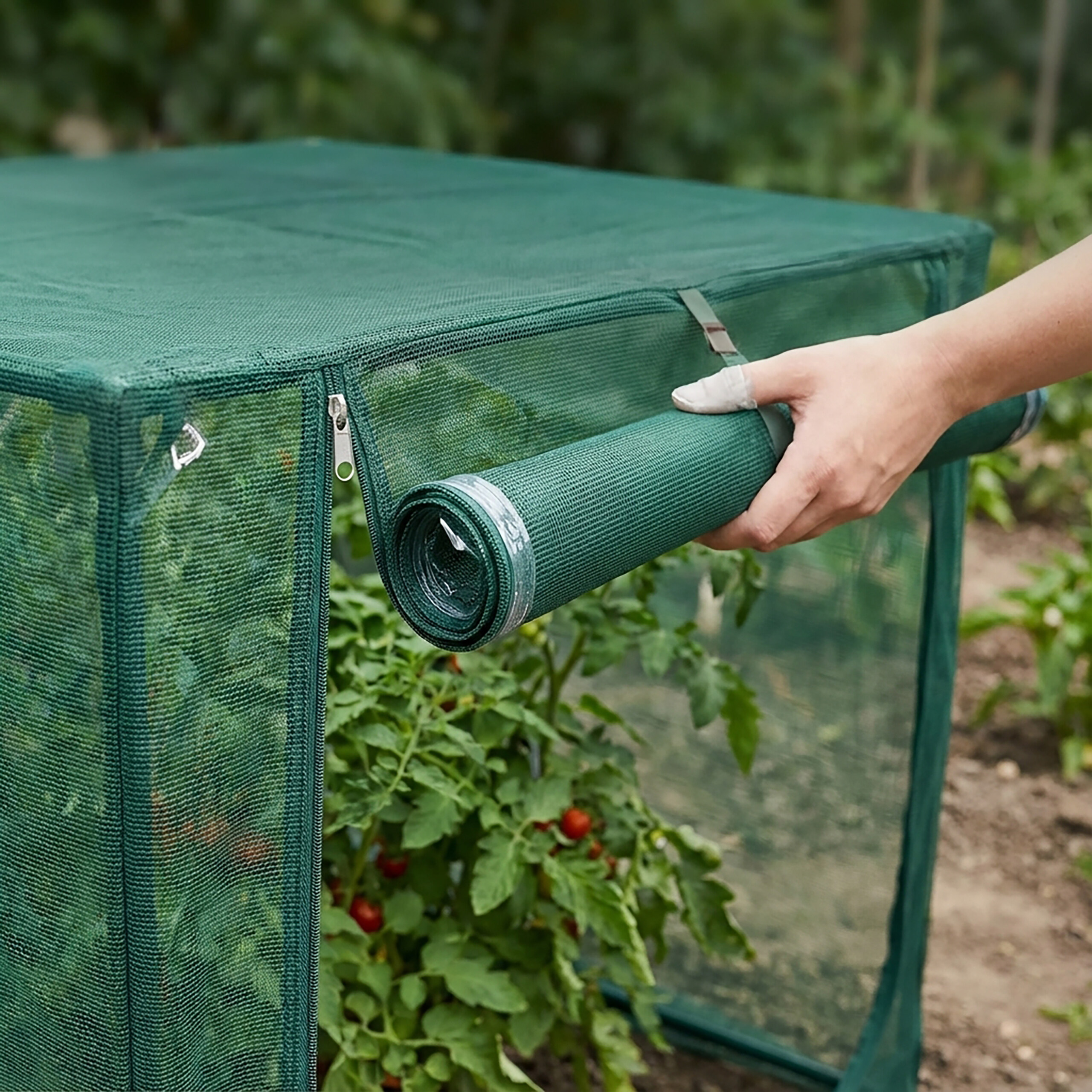 Eine Hand rollt die grüne Netzabdeckung eines Tomatenhauses auf, um die Pflanze freizulegen.