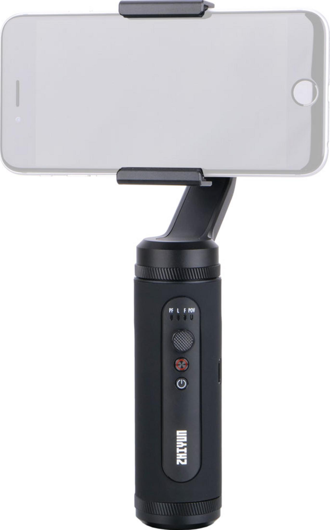Ein schwarzer Gimbal hält ein horizontales Smartphone mit Bedienelementen auf dem Griff.