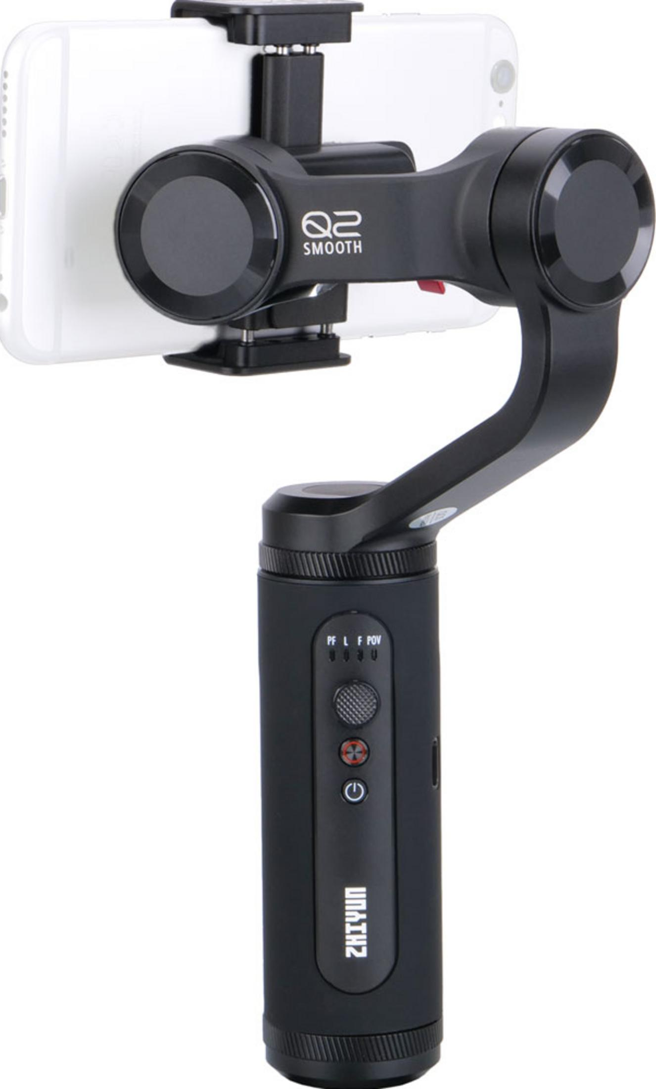 Ein schwarzer Zhiyun Smooth Q2 Smartphone-Gimbal hält ein weißes Smartphone vor weißem Hintergrund.