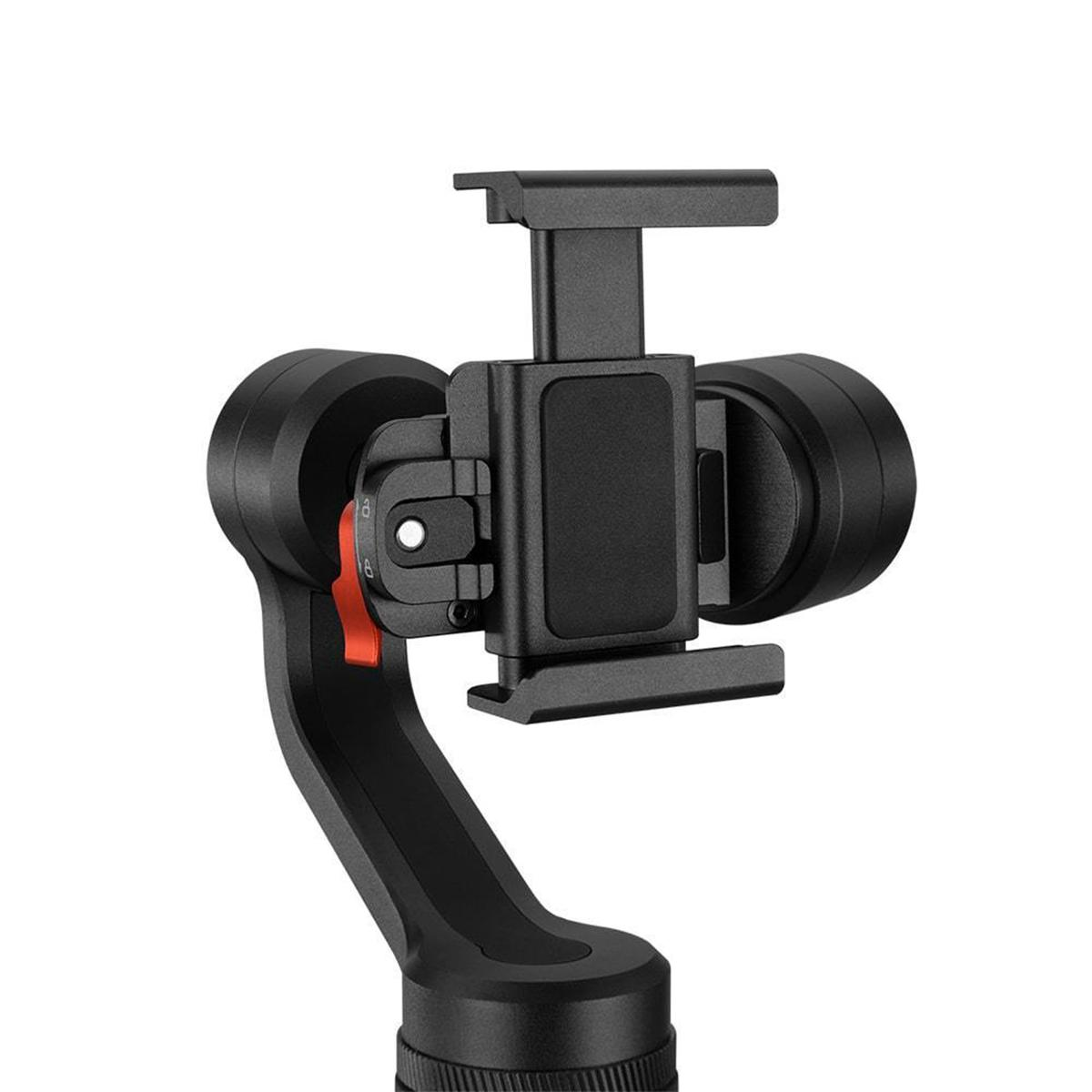 Ein schwarzer elektronischer Gimbal für Smartphones mit verstellbarer Halterung vor einem weißen Hintergrund.