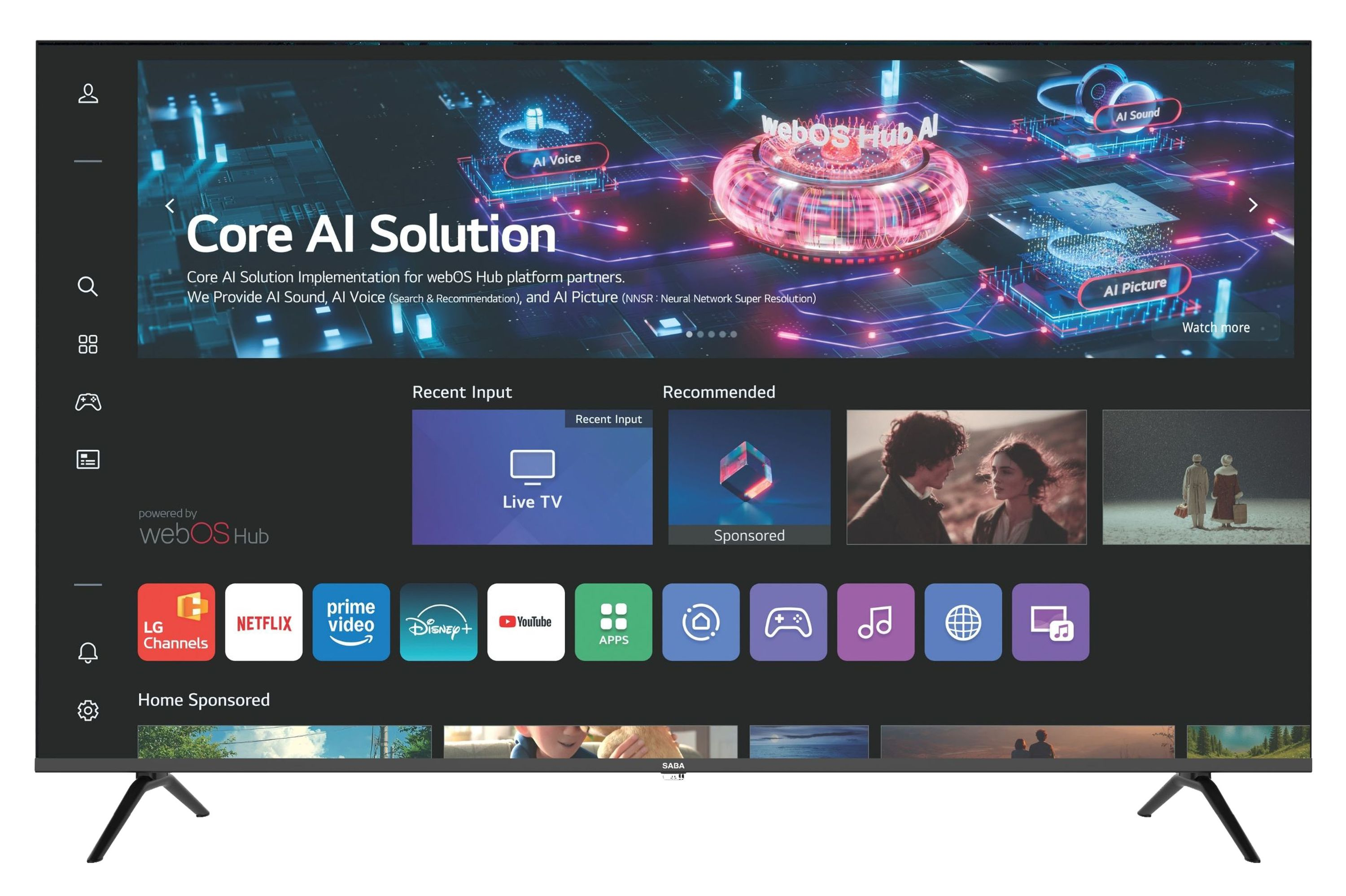 Smart-TV-Bildschirm mit webOS Hub-Benutzeroberfläche, App-Symbolen und Menüs für Live-TV und Empfehlungen.