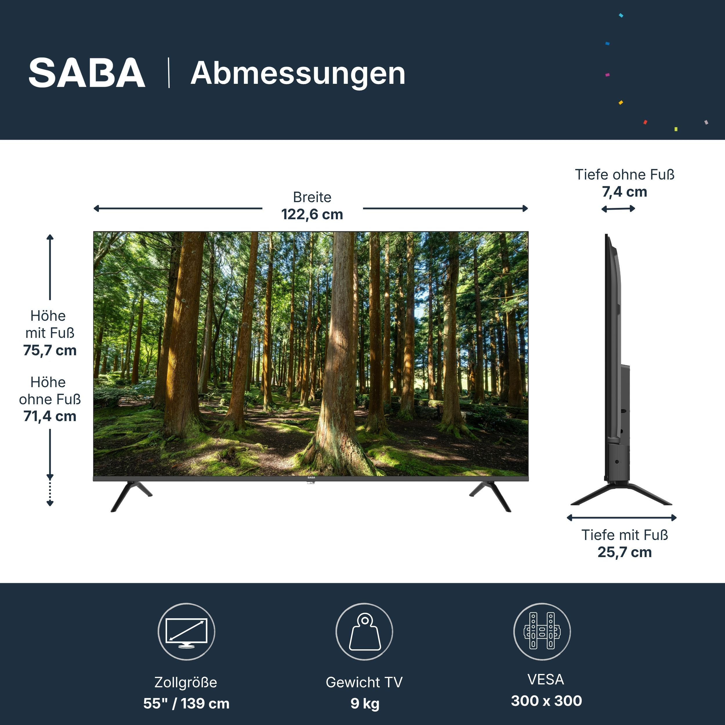 SABA 55-Zoll-TV-Abmessungsdiagramm mit Breite, Höhe, Tiefe und VESA-Halterung.