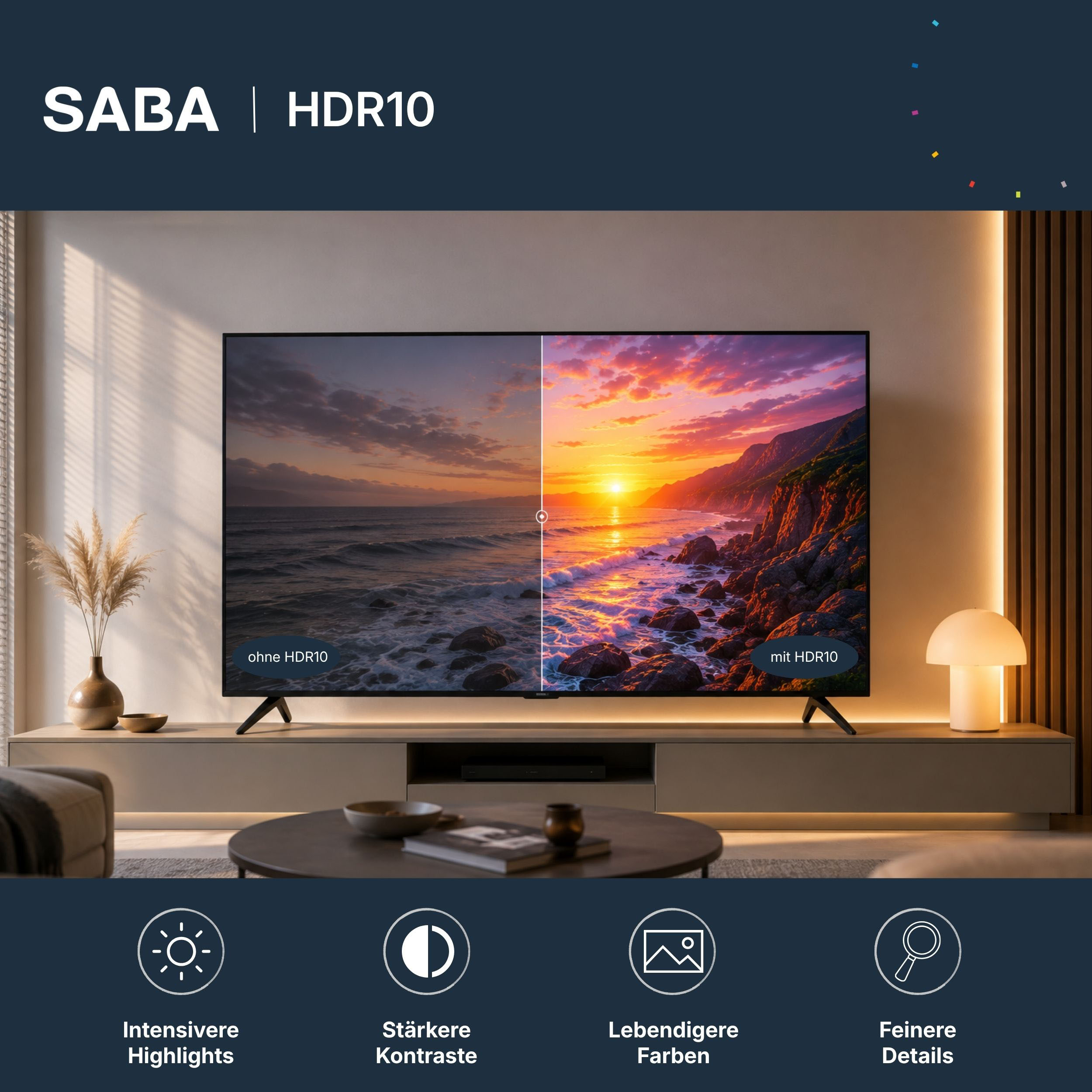 SABA TV-Werbung mit HDR10-Vergleich, lebendiger Sonnenuntergangsszene und vier Funktionssymbolen.
