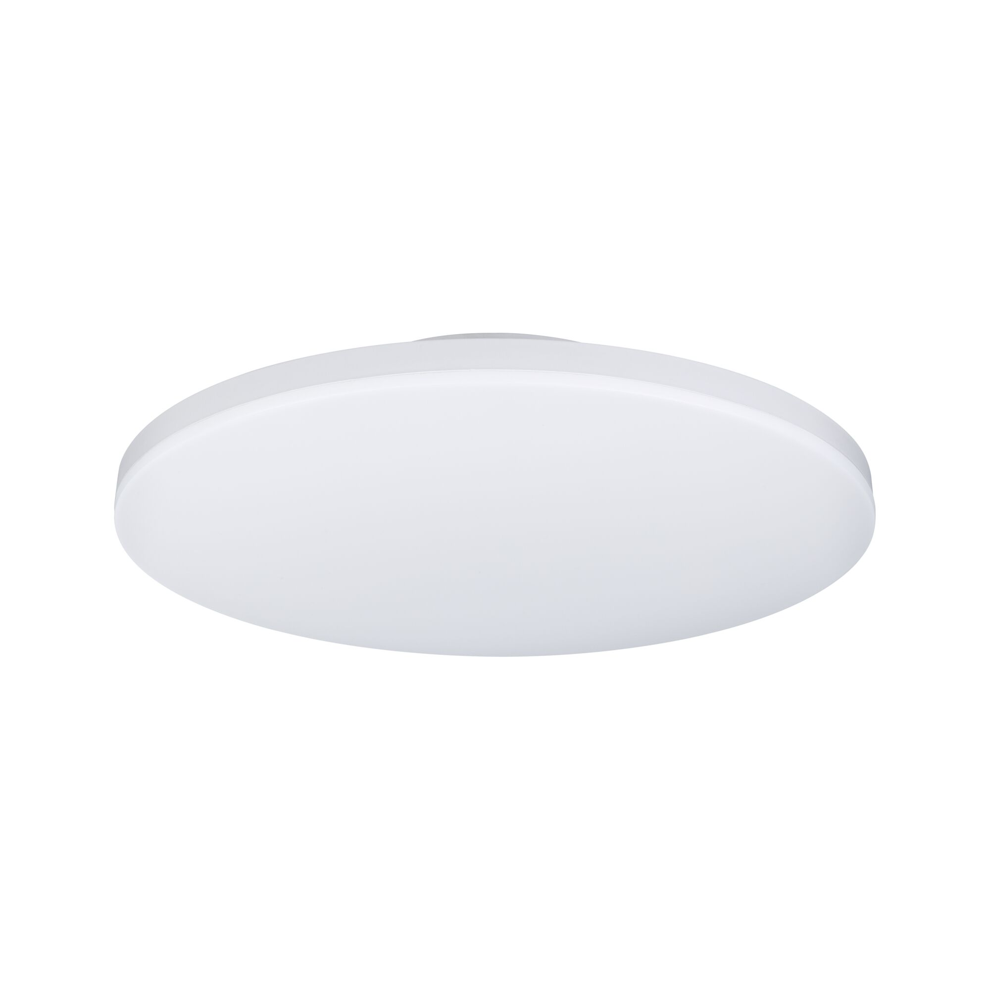 Eine weiße, flache, runde Deckenlampe auf einem hellen Hintergrund.