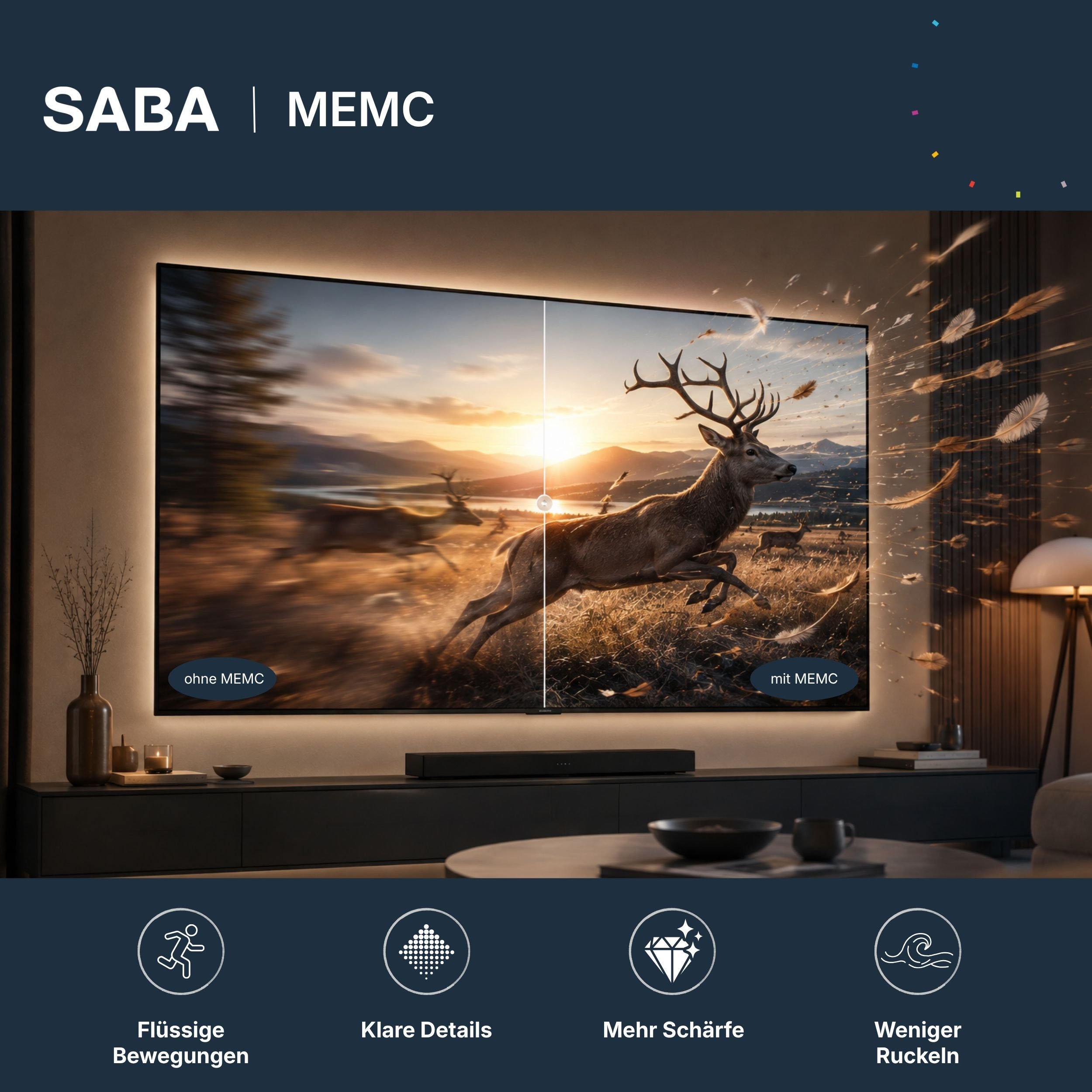 Ein SABA-TV-Bildschirm zeigt den MEMC-Vergleich mit einem hirschenden Motiv und vier Funktionssymbolen.