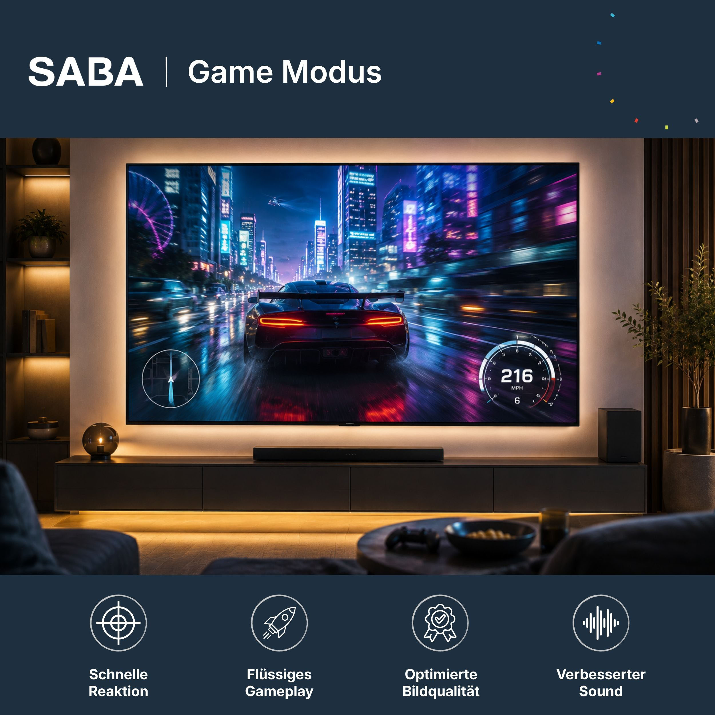 Ein SABA-Fernseher zeigt ein Rennspiel, umgeben von Beleuchtung, mit Icons für Reaktionszeit, Gameplay, Bild und Sound.