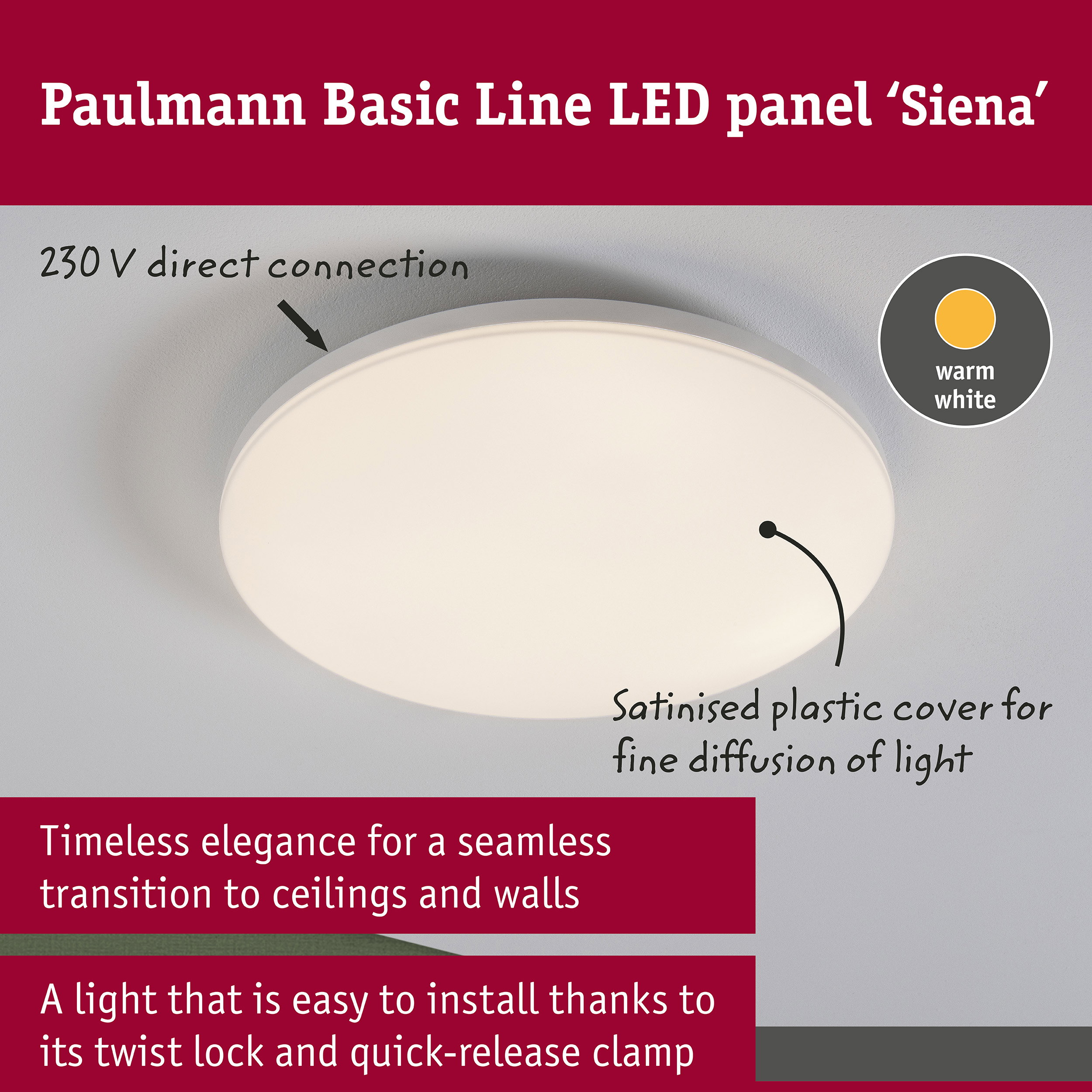 Produktwerbung für das Paulmann Basic Line LED-Panel Siena mit Text und Pfeilen, die Funktionen erklären.