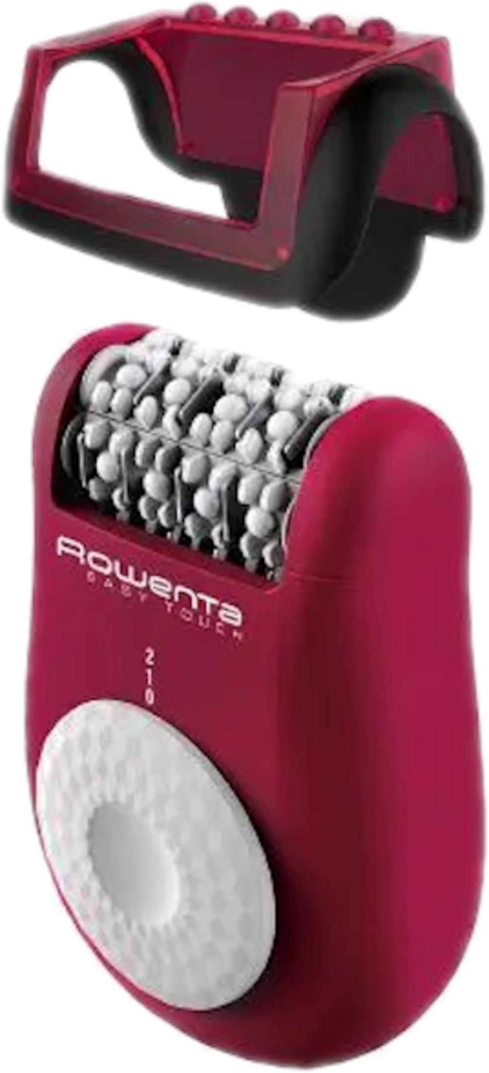 Rotes Rowenta Epiliergerät mit Massageaufsatz und Geschwindigkeitsregler.