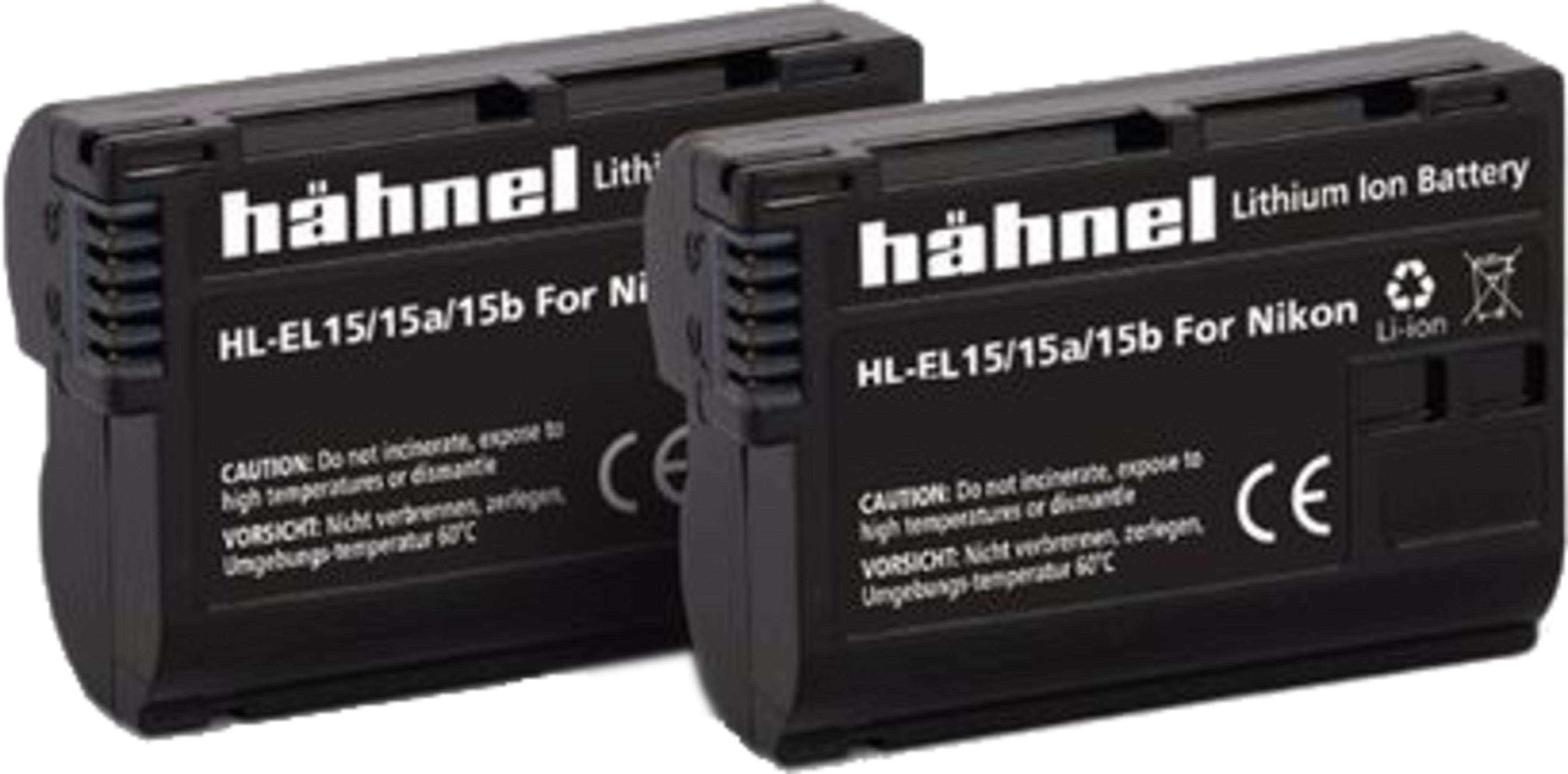 Zwei schwarze Hähnel Lithium-Ionen-Akkus für Nikon-Kameras, nebeneinander auf weißem Hintergrund.