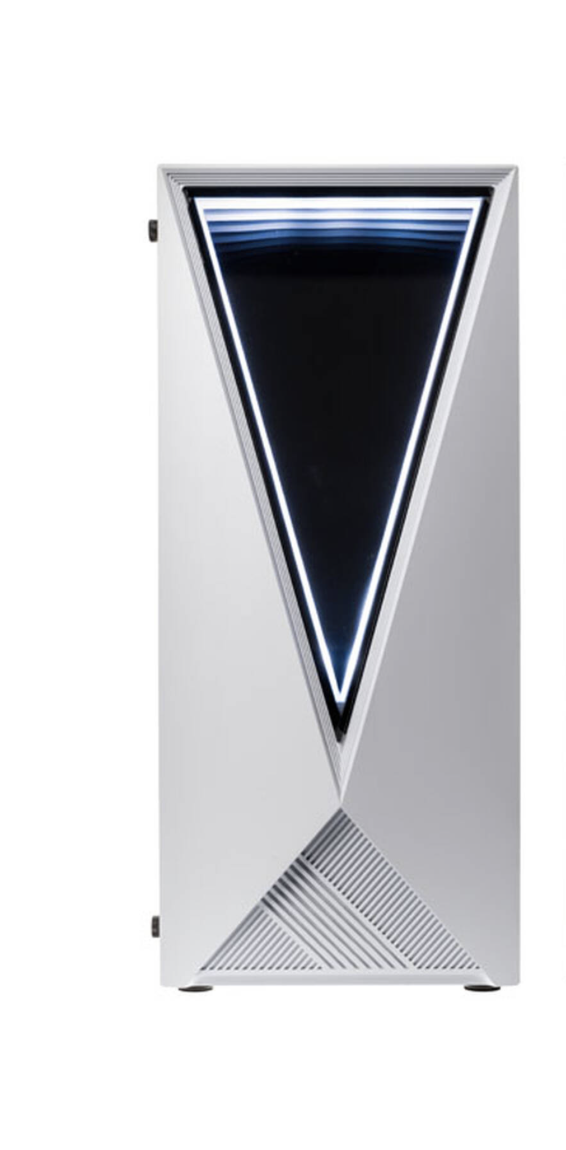 Weißes PC-Gehäuse mit dreieckigem LED-Licht und Lüftungsschlitzen vorne auf weißem Hintergrund.