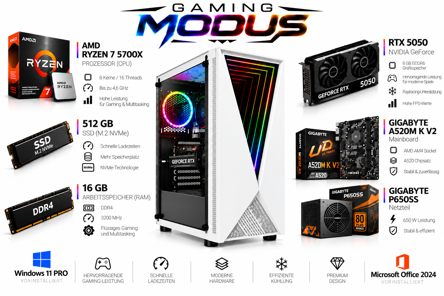 Gaming-PC mit AMD Ryzen 7, RTX 5050, SSD, RAM, Mainboard und Netzteil sowie Software.