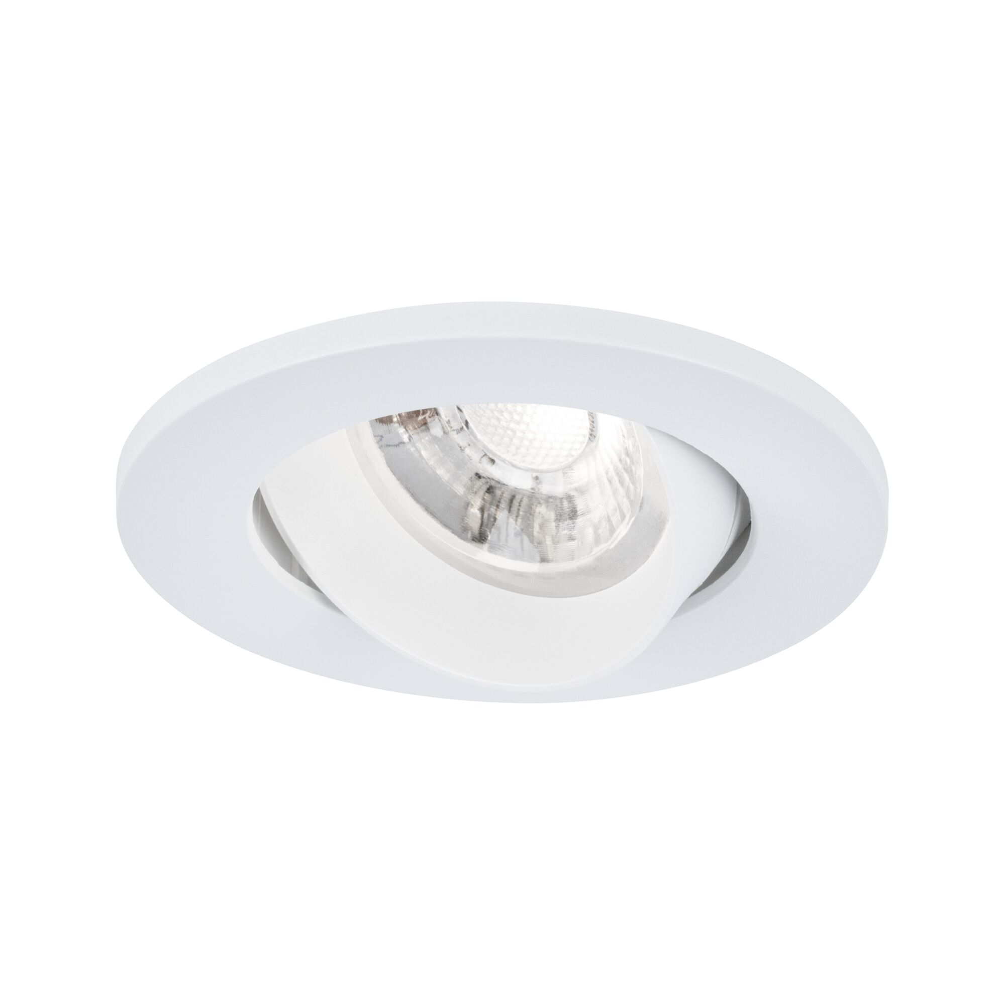 Eine weiße Einbauleuchte mit verstellbarem Spot und heller LED-Lampe auf weißem Hintergrund.