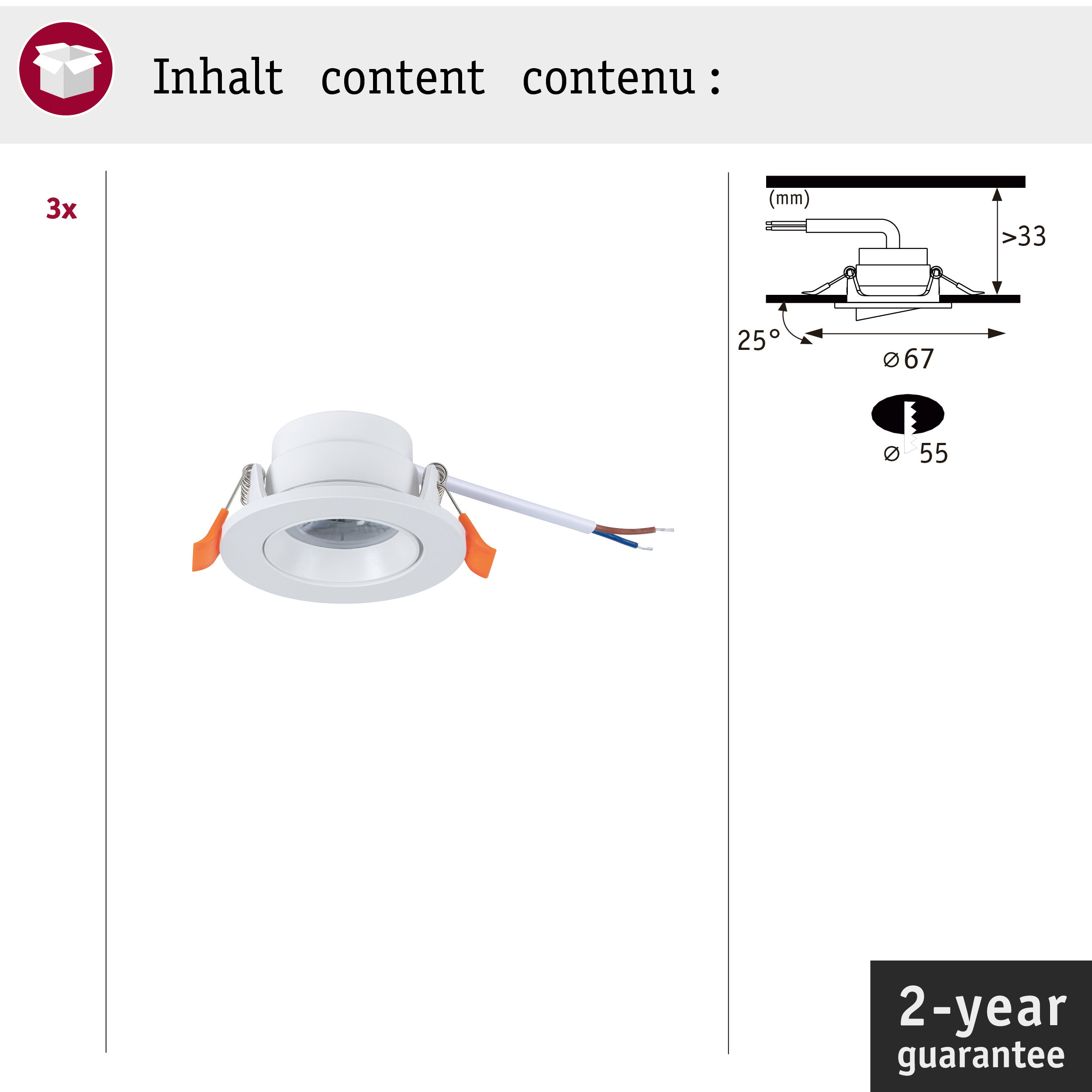 Drei weiße Einbaustrahler mit Kabel und Installationsdiagramm sowie 2-Jahres-Garantie.