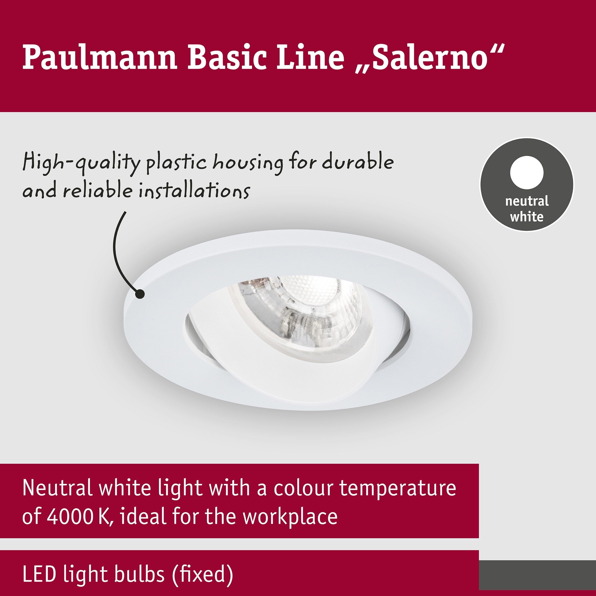 Produktwerbung für Paulmann Basic Line Salerno weiße LED-Einbauleuchte aus Kunststoff mit neutralweißem Licht.