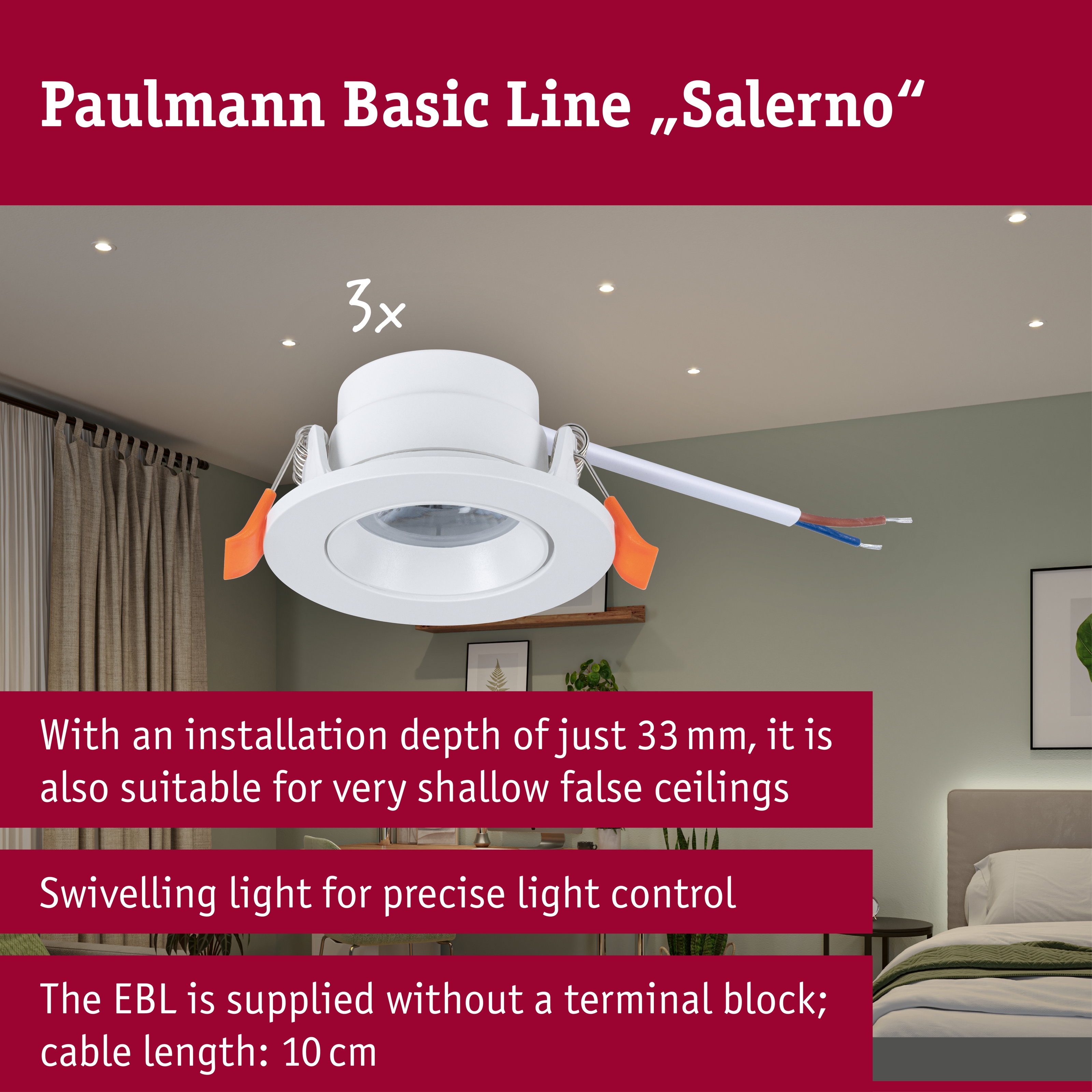 Paulmann Basic Line Salerno Einbaustrahler, weiß, für flache Decken, schwenkbar.
