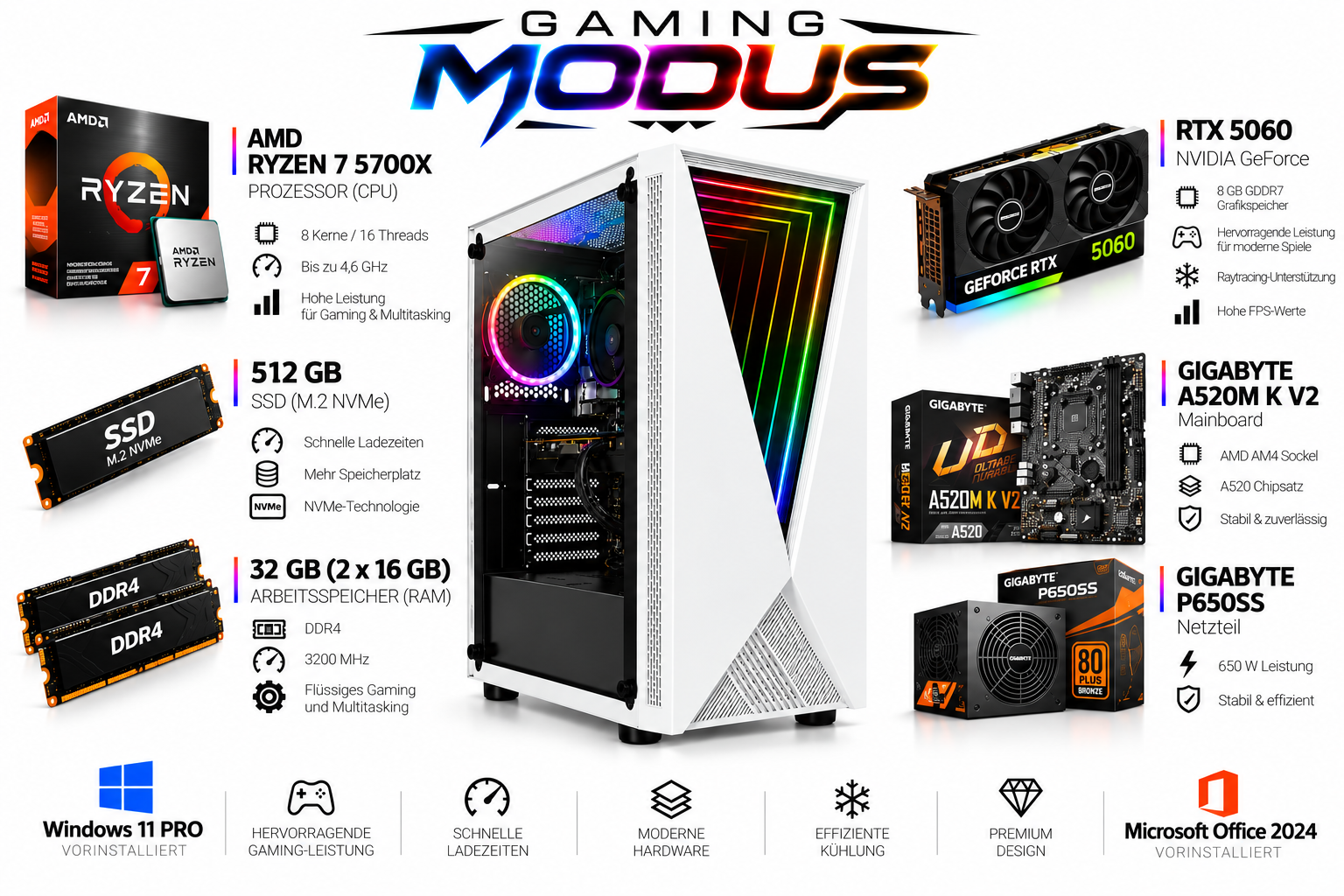 Gaming-PC mit Ryzen 7, RTX 5060, 32GB RAM, 512GB SSD und Windows 11.