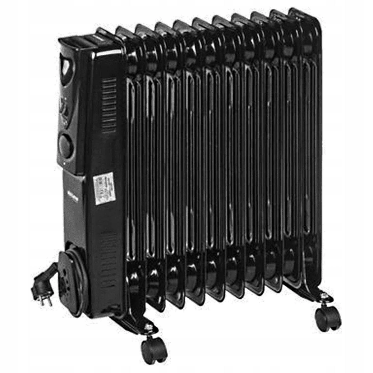 Ein schwarzer Ölradiator mit elf Rippen, Bedienelementen an der Seite und Rollen.