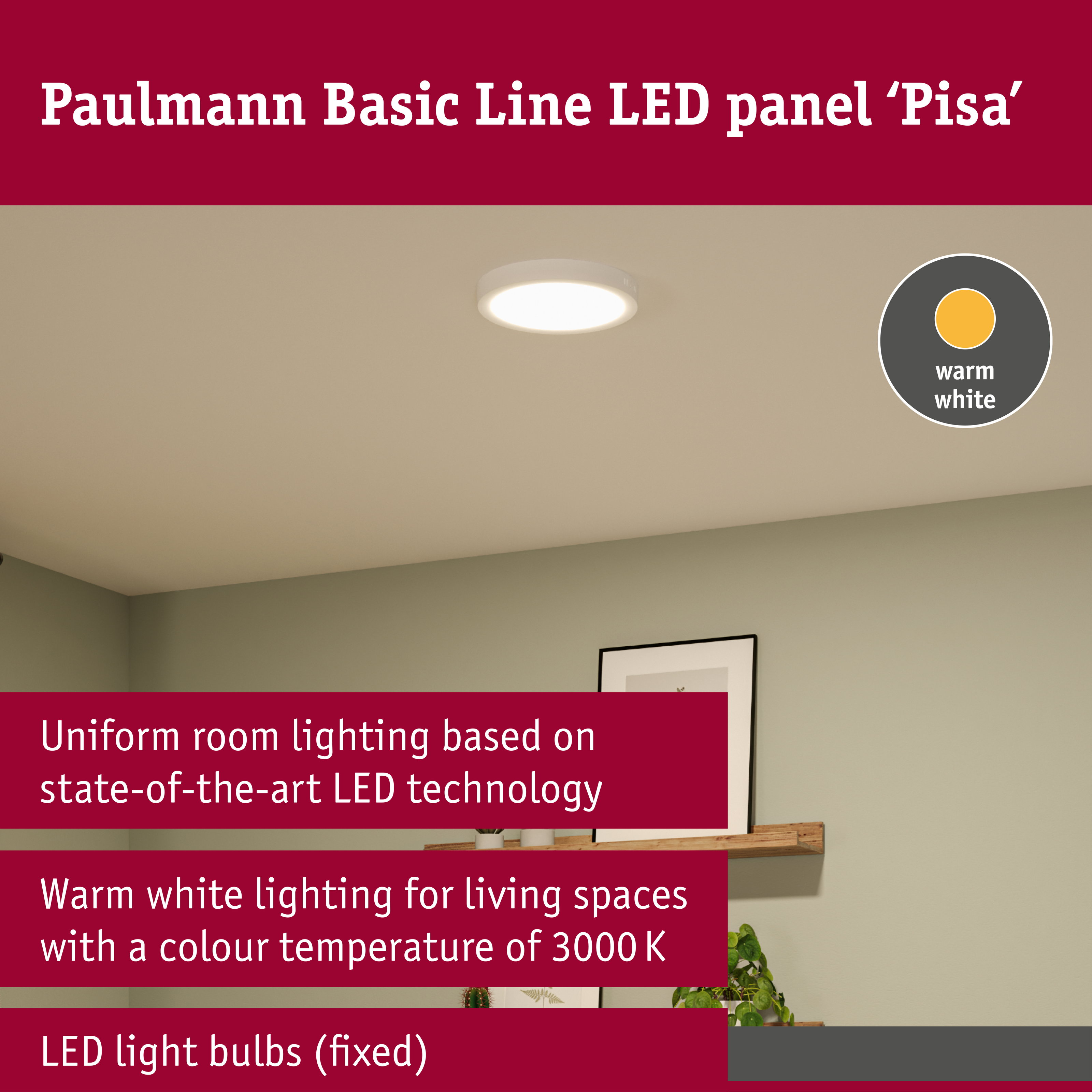 Ein weißes LED-Panel an einer Decke in einem Raum mit Textfeldern und einem Symbol für warmweißes Licht.