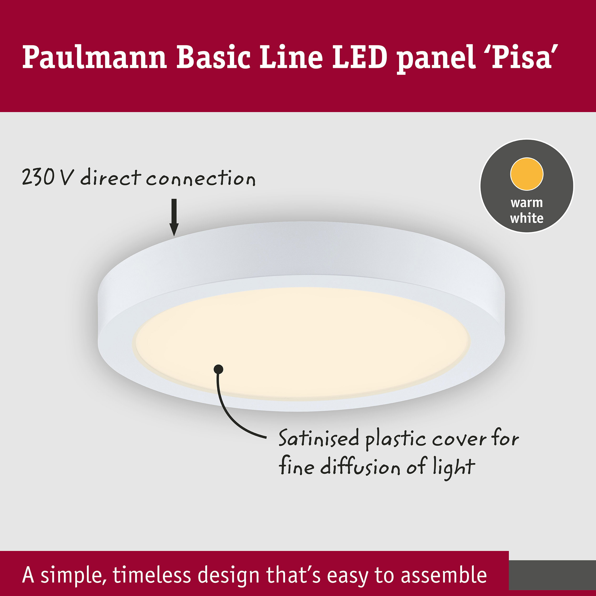 Produktgrafik des runden Paulmann LED-Panels Pisa mit Merkmalen wie warmweißem Licht und Kunststoffabdeckung.