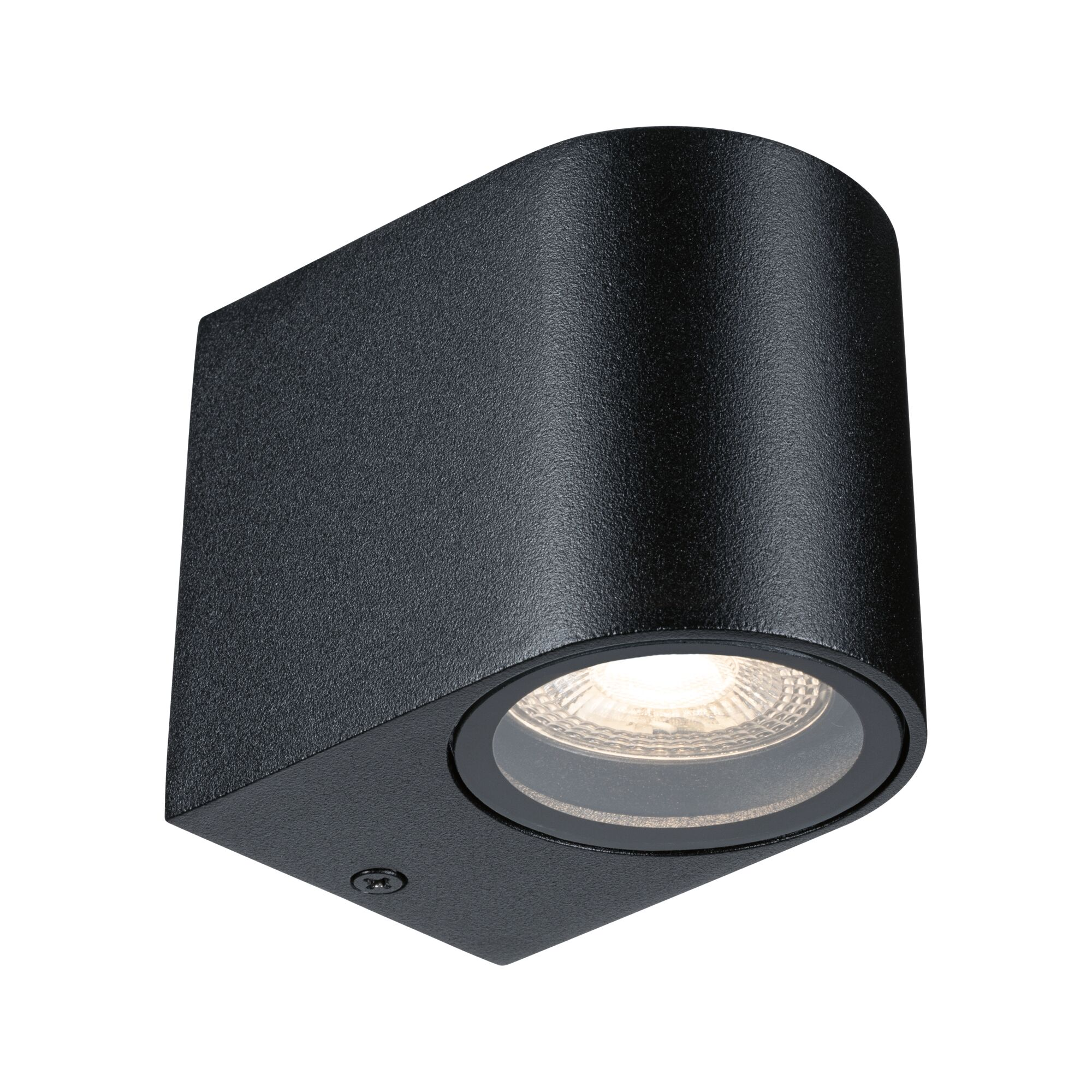 Moderne schwarze Wandleuchte mit integriertem Licht und abgerundetem Design auf weißem Hintergrund.