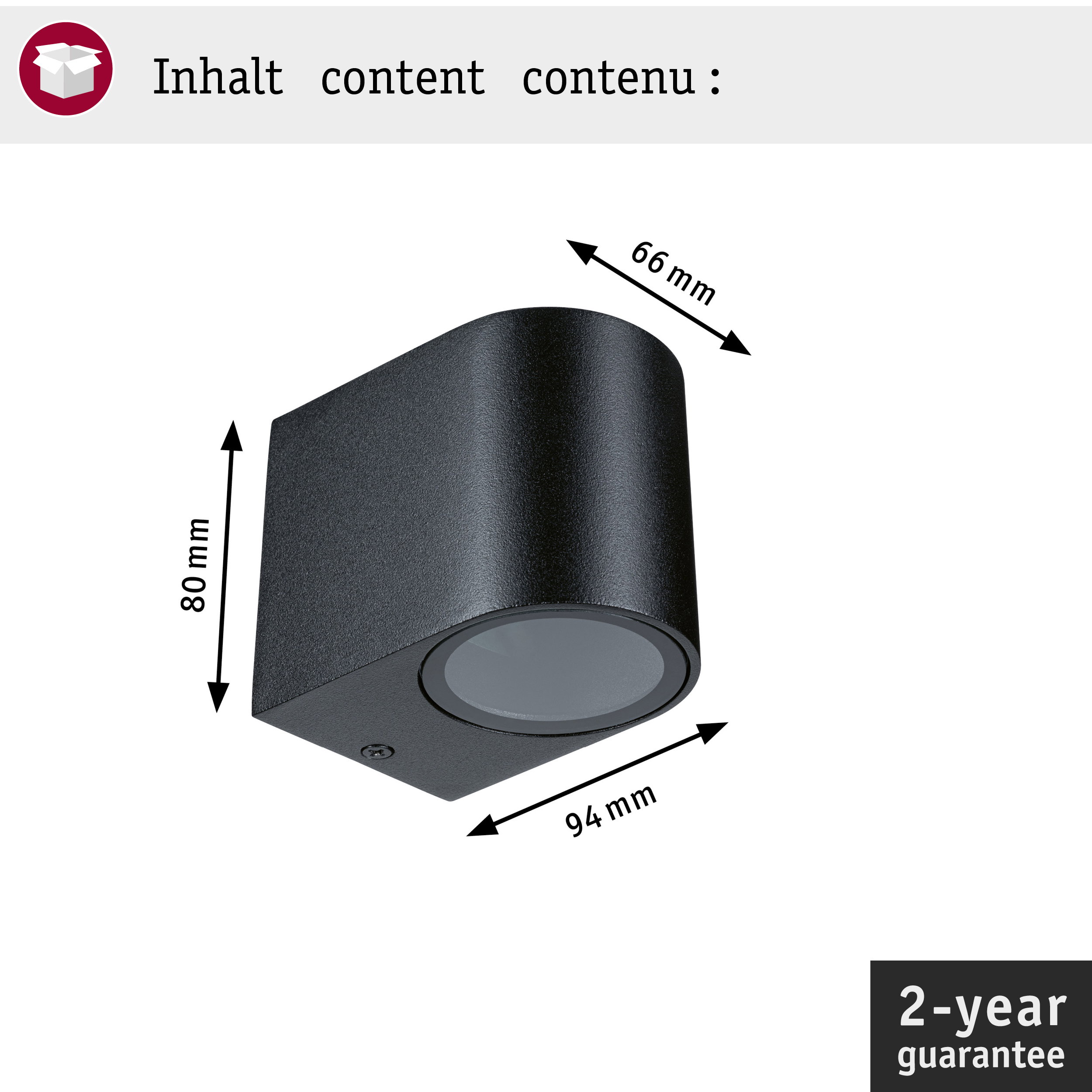 Schwarze Wandleuchte mit Abmessungen von 80x66x94 mm und 2 Jahren Garantie.