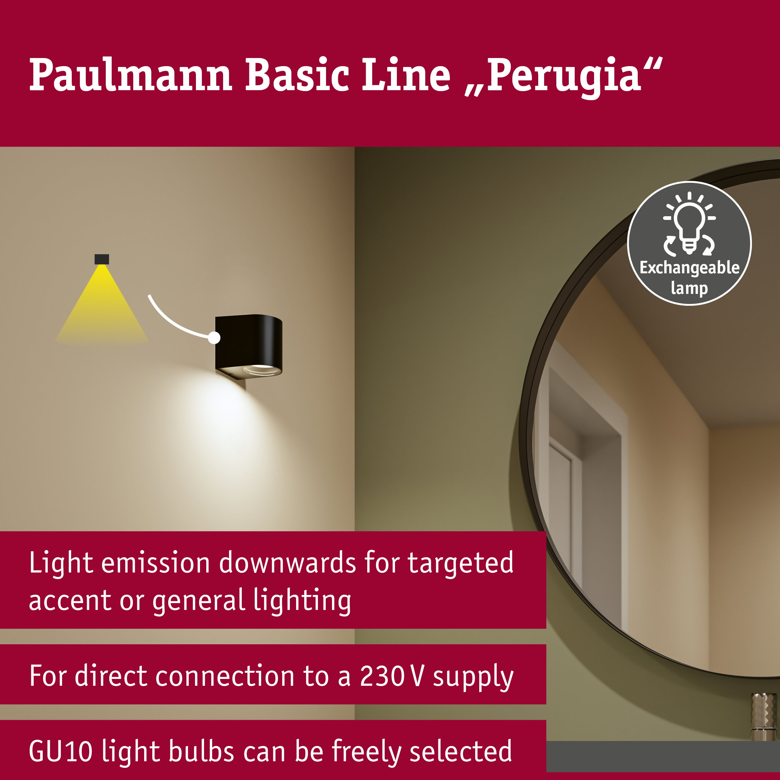 Produktbanner für Paulmann Basic Line Perugia mit Wandleuchte, Spiegel und Text zu Eigenschaften.