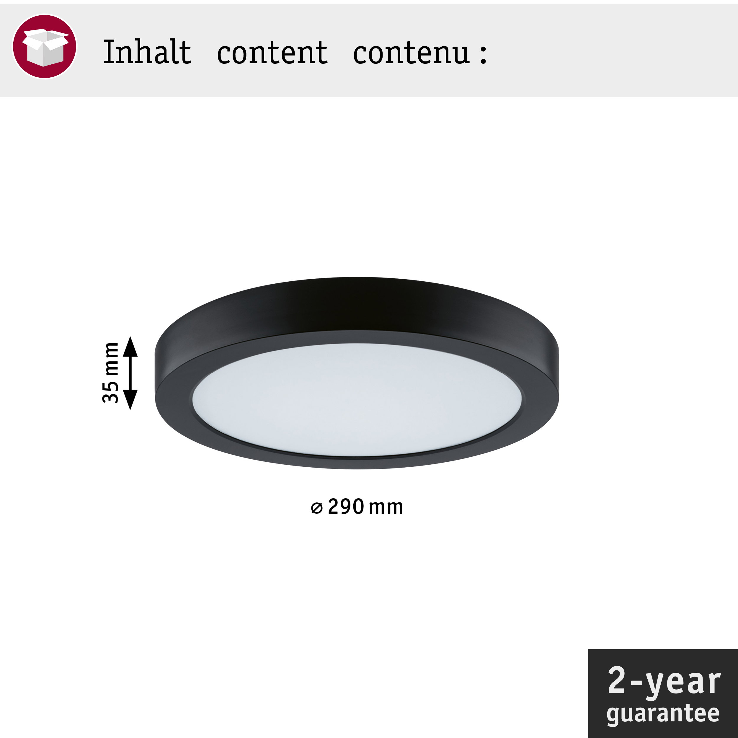 Schwarze, runde LED-Deckenleuchte mit 290 mm Durchmesser und 35 mm Höhe. Inhalt-Symbol oben, 2-Jahre-Garantie unten.
