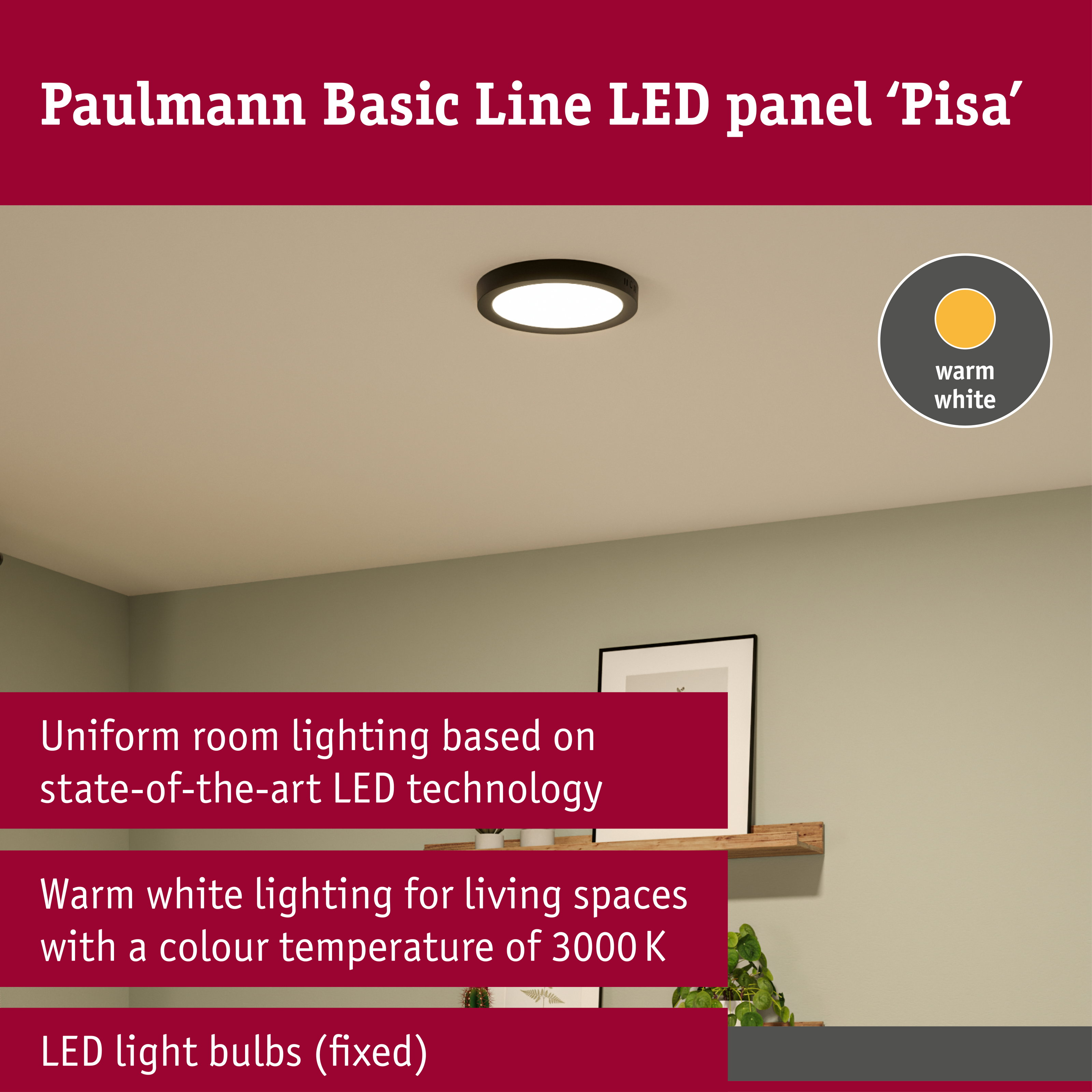 Paulmann LED-Panel Pisa an einer Decke mit warmweißer Beleuchtung.