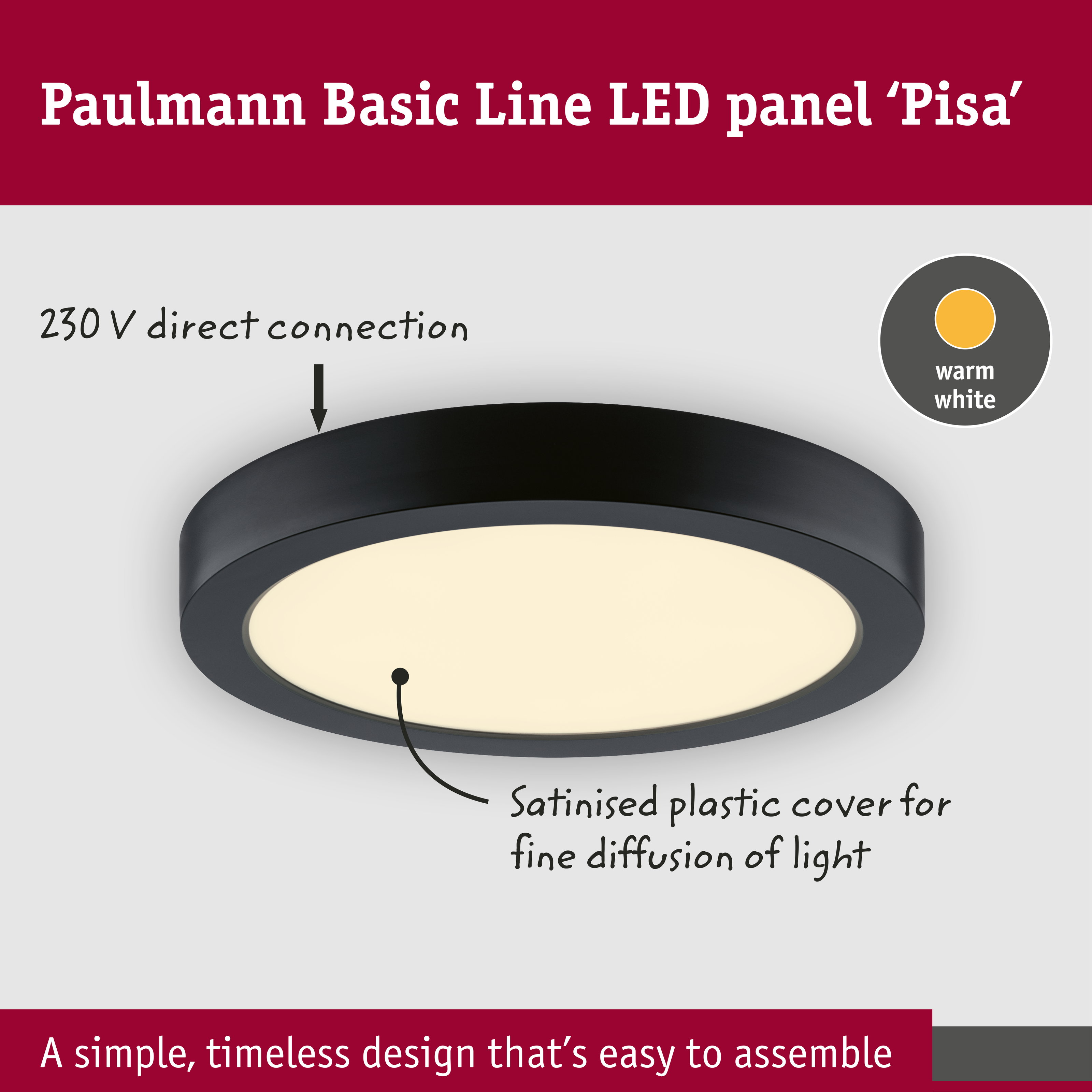 Produktgrafik des runden Paulmann LED-Panels Pisa in Schwarz mit warmweißem Licht.