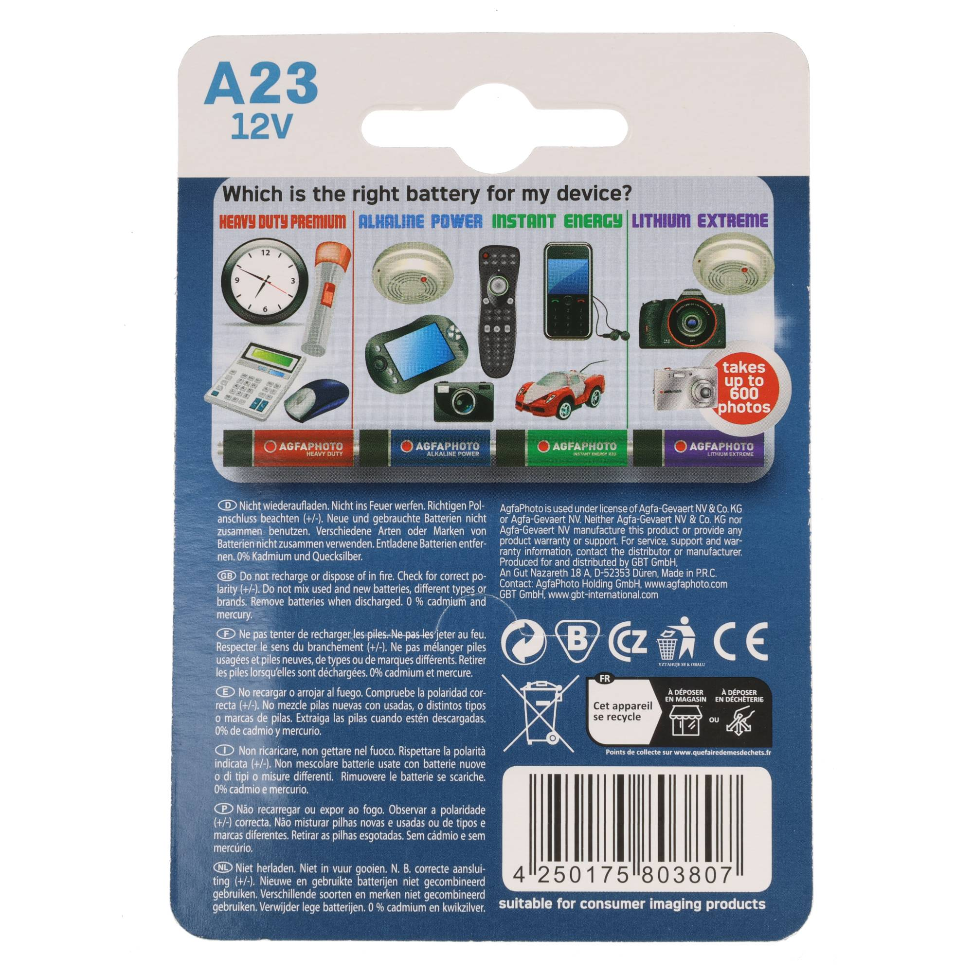 Rückseite einer A23-Batterieverpackung mit Bildern kompatibler Geräte, Anleitungen und einem Barcode.