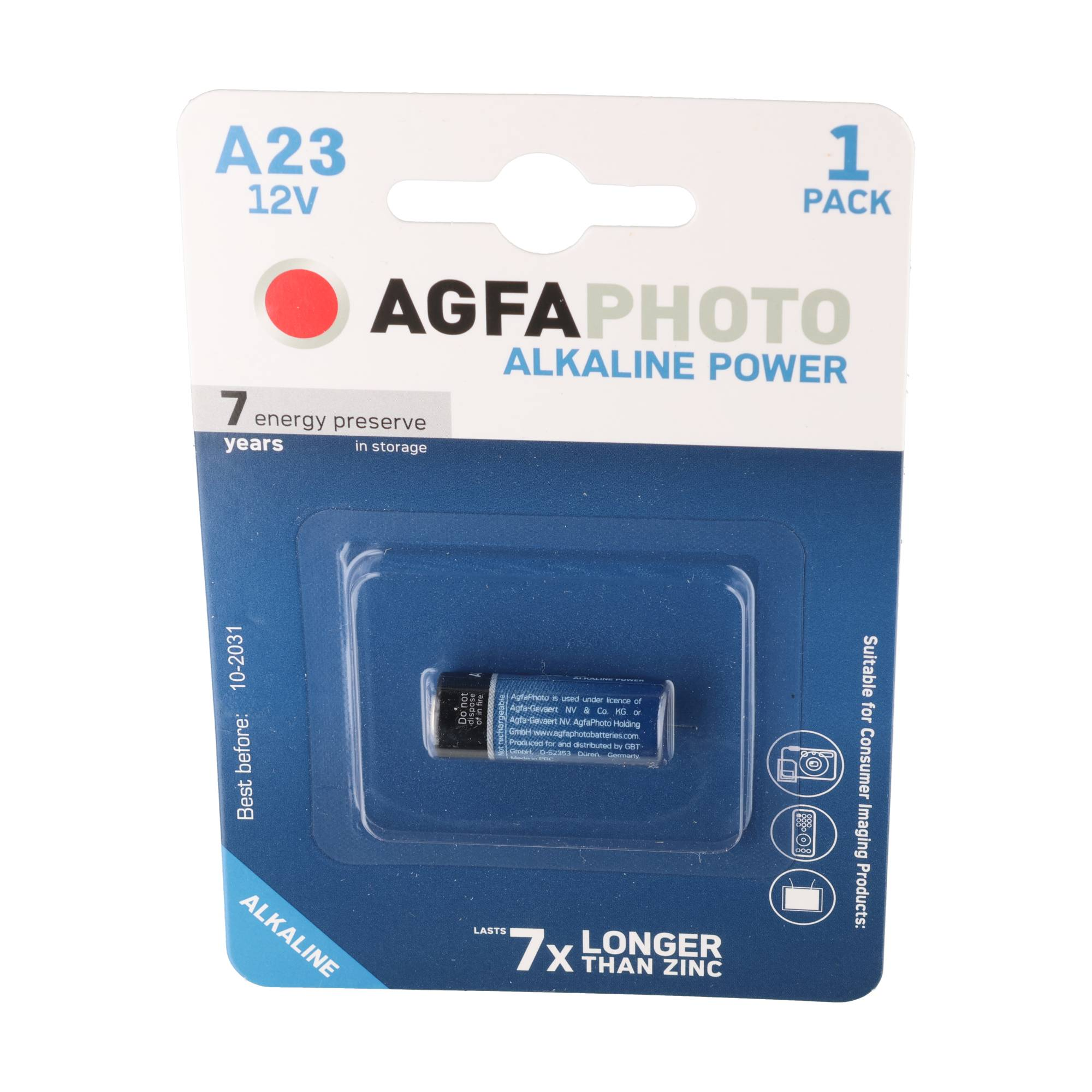 Agfaphoto A23 12V Alkaline-Batterie in einer weißen und blauen Einzelverpackung.