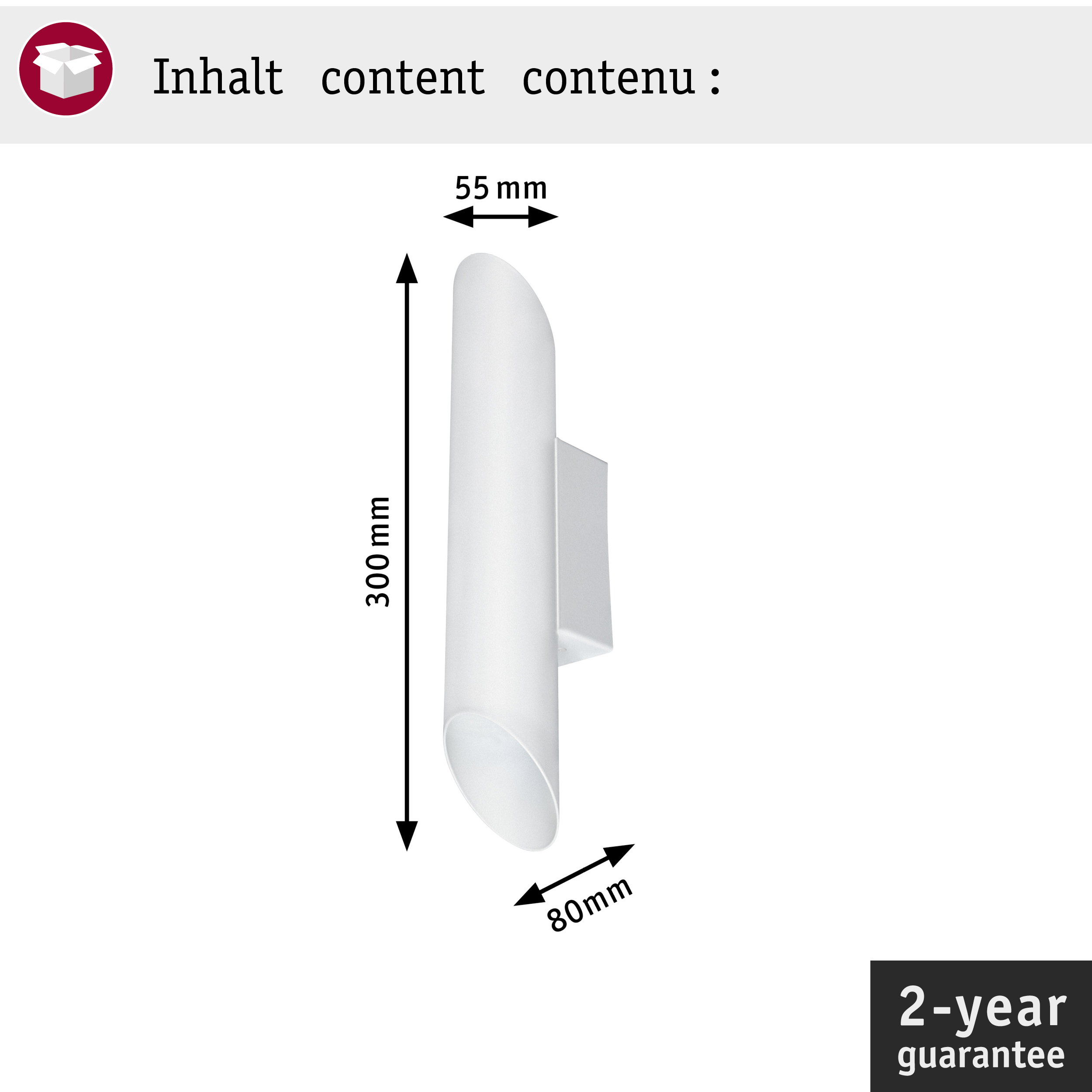 Technische Zeichnung einer zylindrischen, weißen Wandlampe mit Maßen von 300x55x80 mm und einer 2-jährigen Garantie.