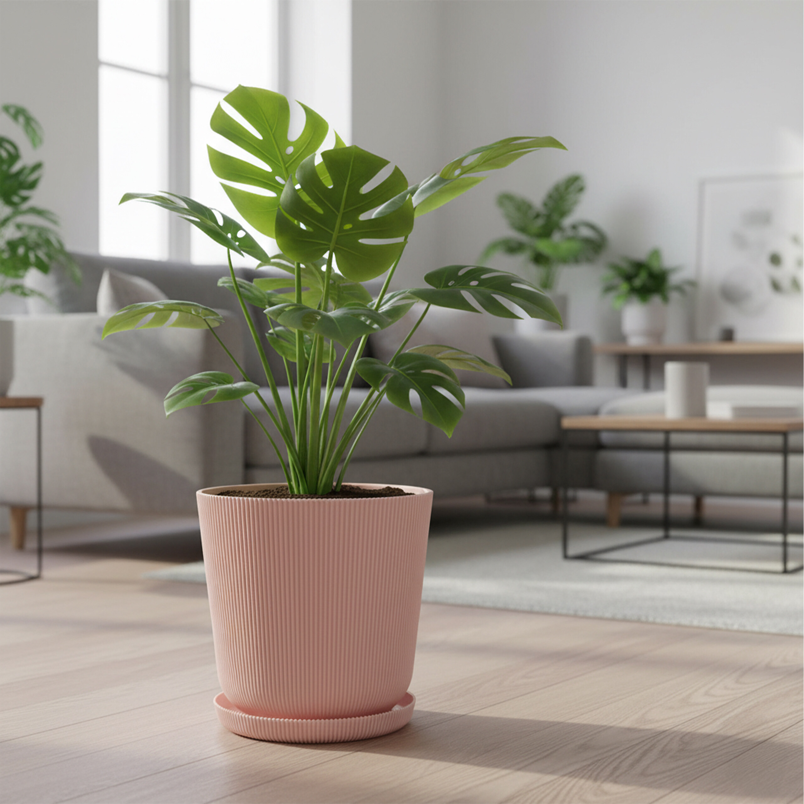 Eine Monstera-Pflanze mit großen grünen Blättern in einem gerippten rosa Topf steht in einem hellen Raum.