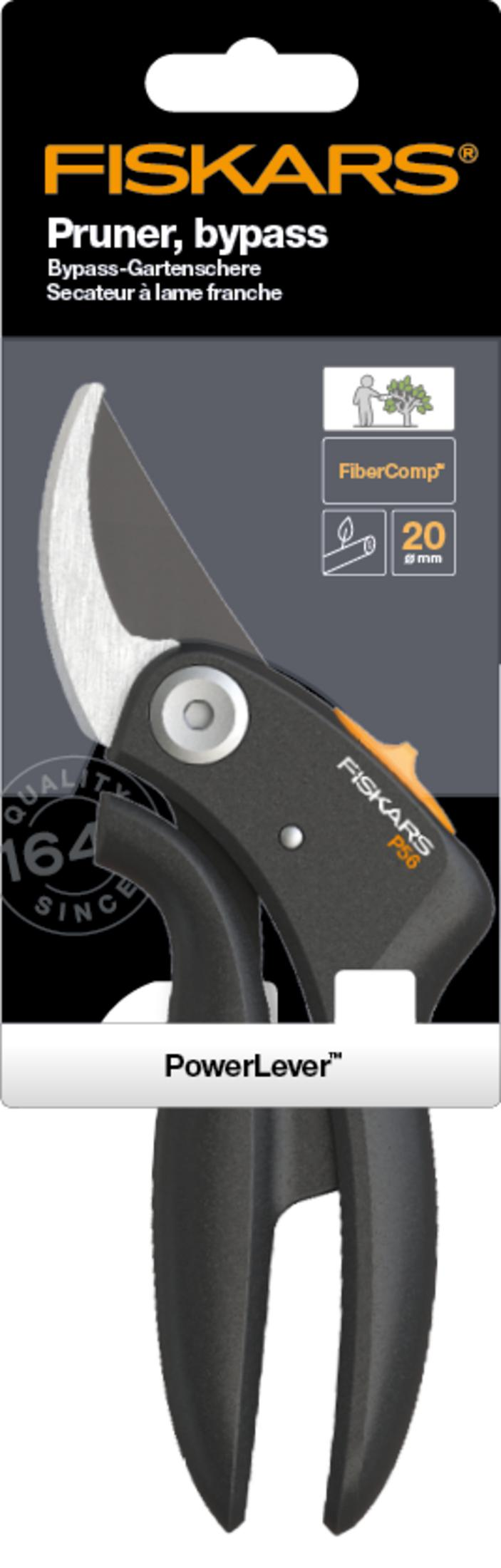 Fiskars Bypass-Gartenschere in Originalverpackung mit schwarzen Griffen und silberner Klinge.