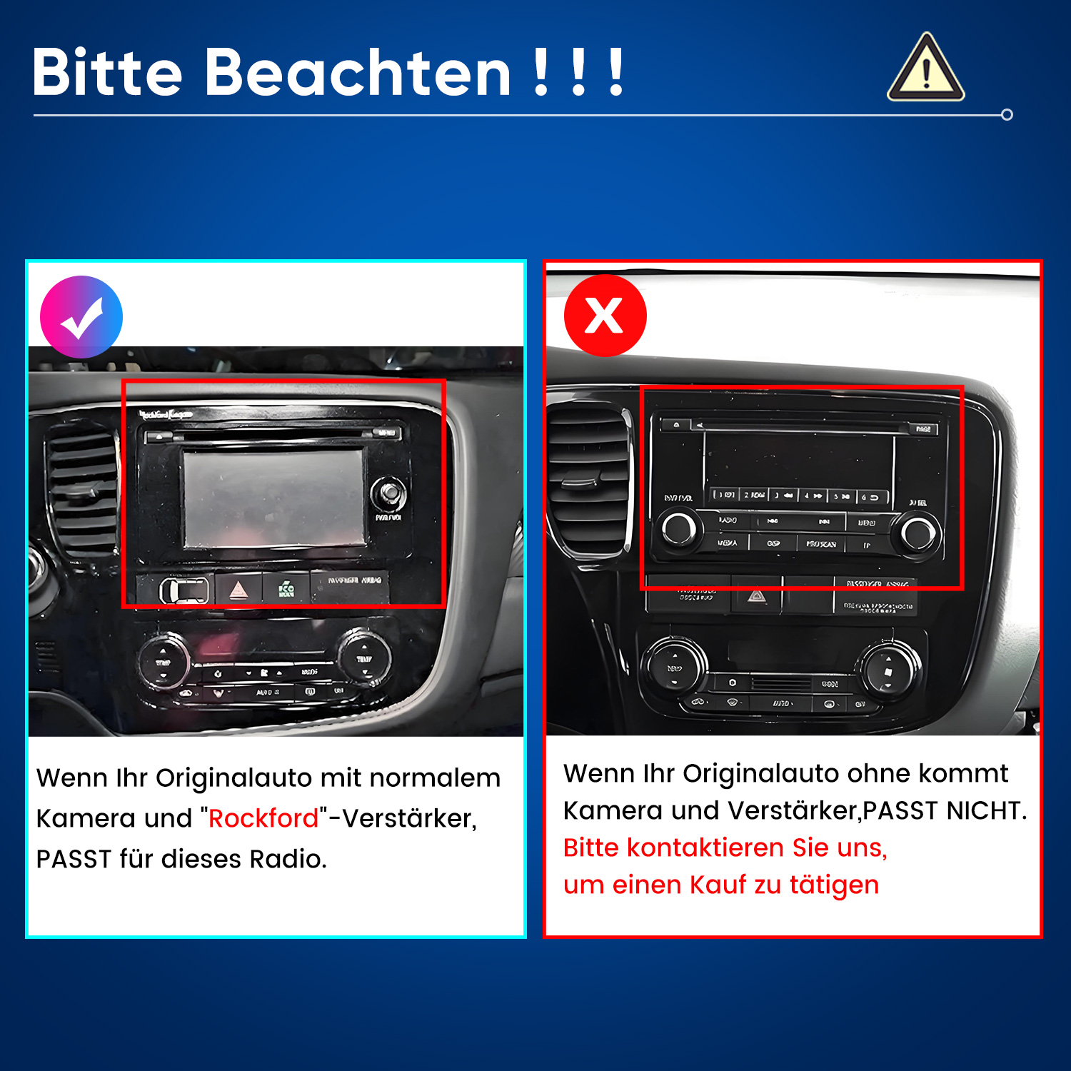 Vergleich zweier Autoradios: Links kompatibel mit Rockford-Verstärker, rechts ohne Verstärker inkompatibel.