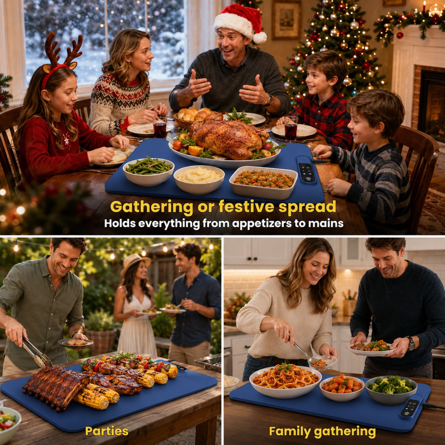 Familien und Freunde genießen Mahlzeiten bei verschiedenen Anlässen wie Weihnachten, Grillfeiern und Alltagsessen.