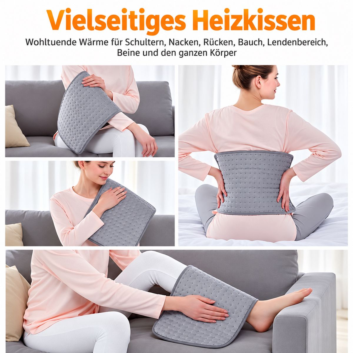 Eine Frau nutzt ein graues Heizkissen auf dem Sofa und Bett für verschiedene Körperteile.