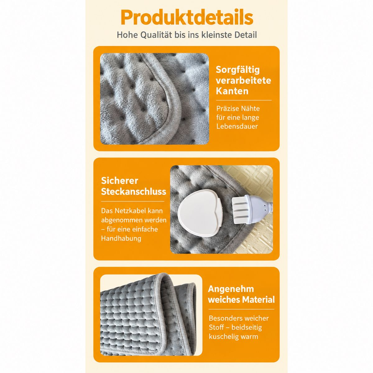 Produktdetails einer grauen Heizdecke mit sauberem Rand, sicherem Stecker und weichem Material.