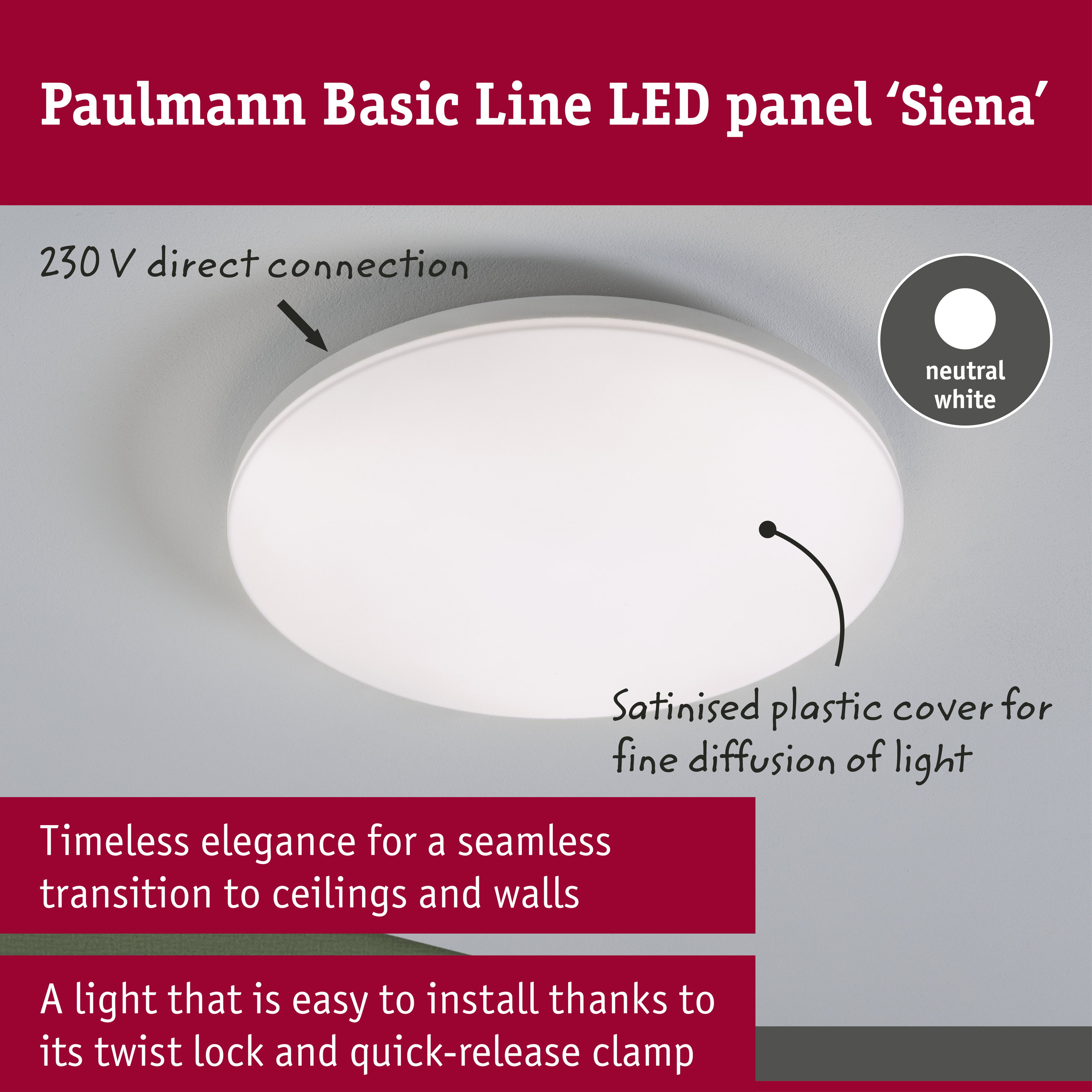Paulmann LED-Panel Siena mit weißem Kunststoffgehäuse, neutralweißem Licht und Hinweisen zur einfachen Installation.