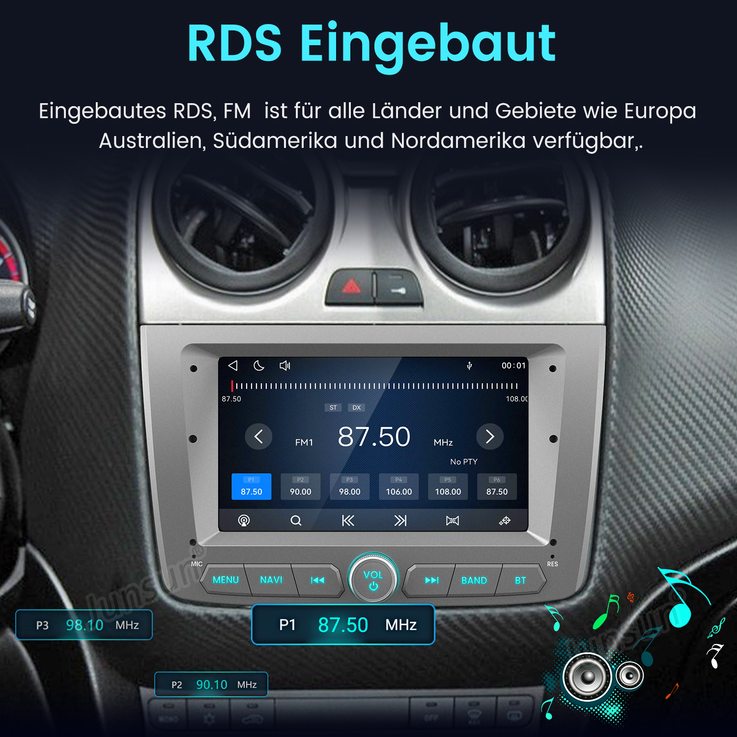 Autocockpit mit Digitalradio-Bildschirm, der UKW 87,50 MHz anzeigt, mit Tasten und Lüftungsschlitzen.