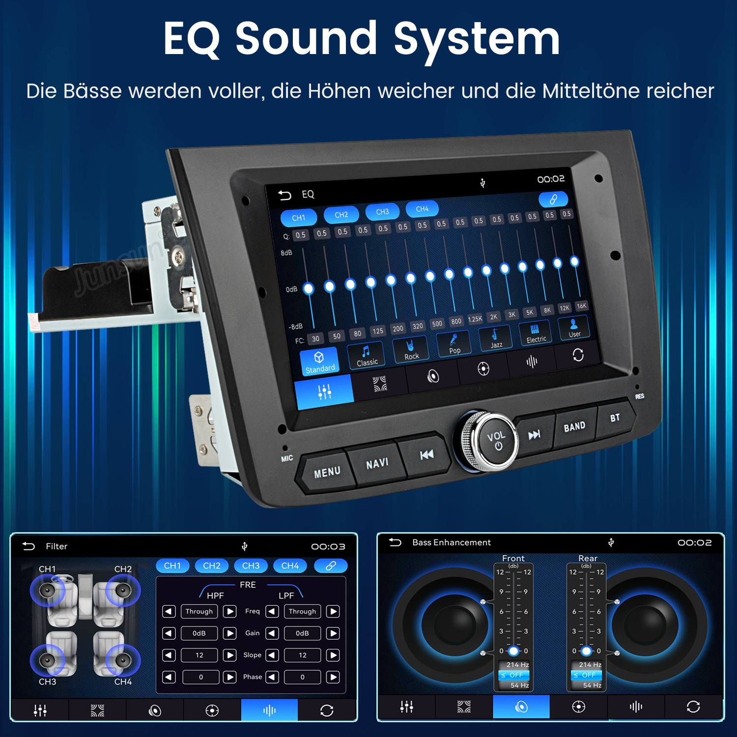 Autostereo-Display mit Equalizer-Einstellungen und Klangregelung.