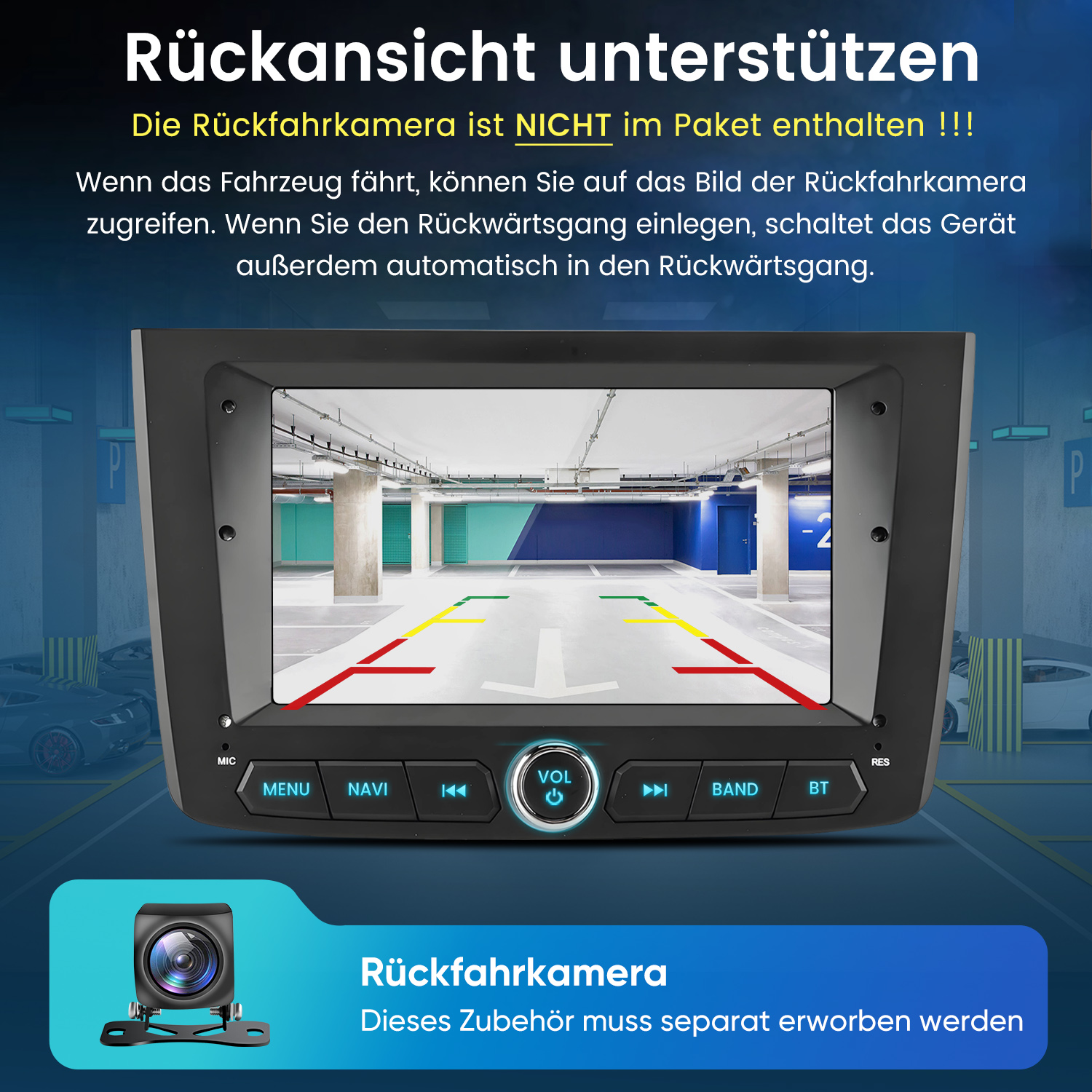Autoradio mit Bildschirm zeigt eine Parkhaus-Rückansicht mit Hilfslinien; Kamera separat erhältlich.