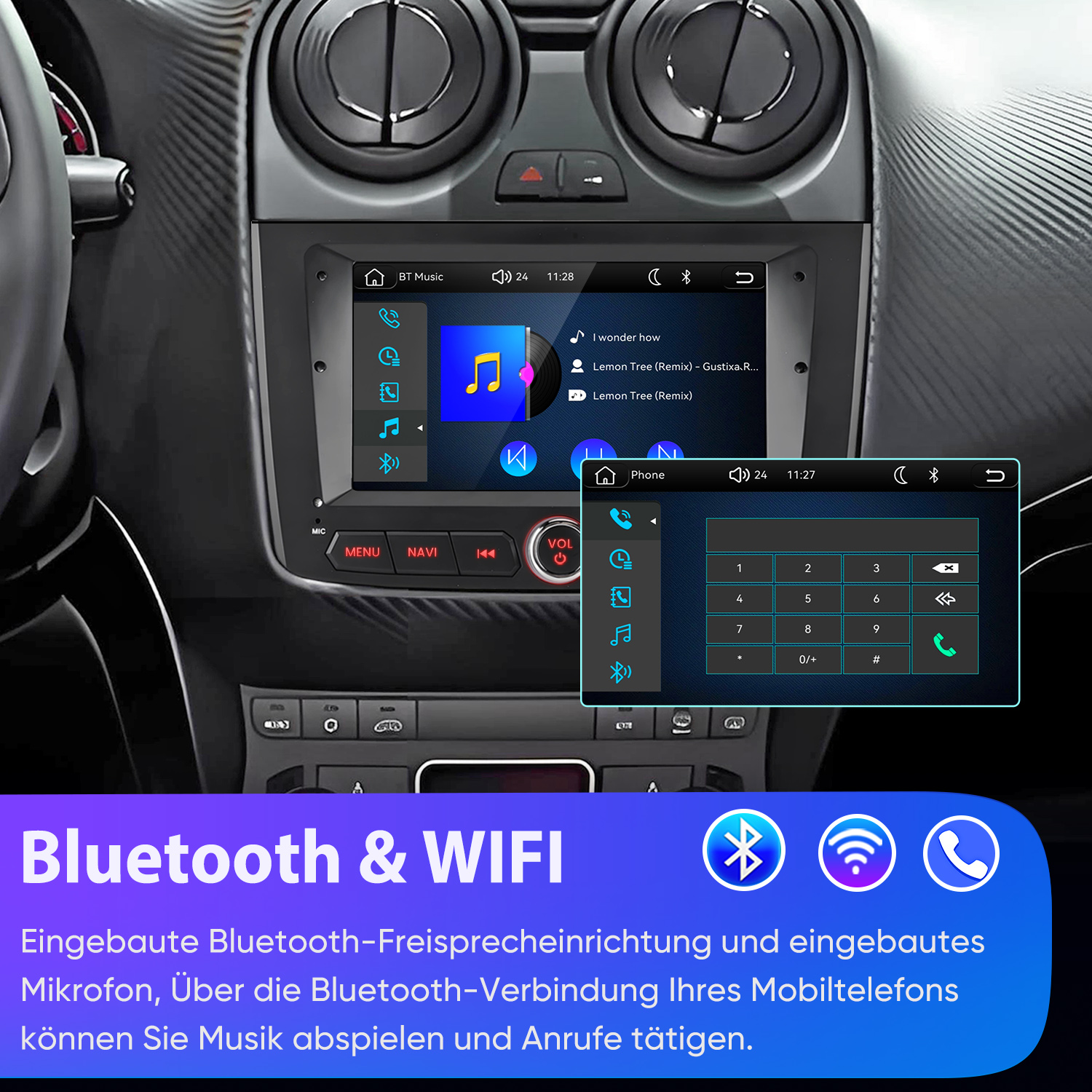 Autoradio mit Touchscreen, Bluetooth- und WLAN-Funktion sowie Tasten im Armaturenbrett.