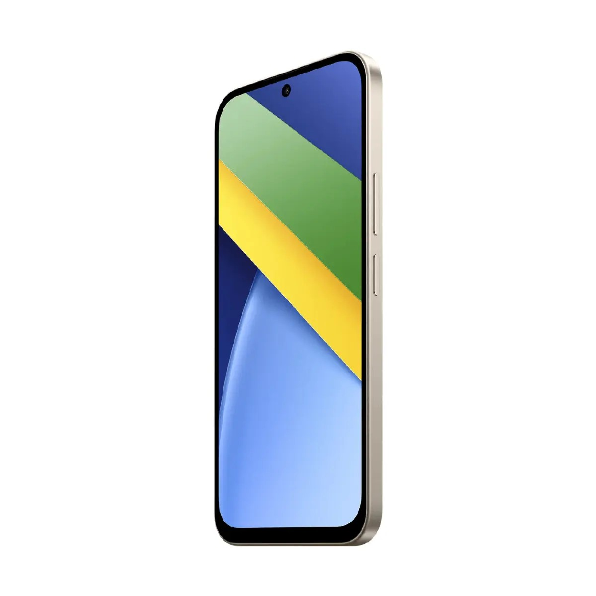 Ein Smartphone im Querformat zeigt ein abstraktes Farbverlaufsmuster in Blau, Grün und Gelb auf dem Display.