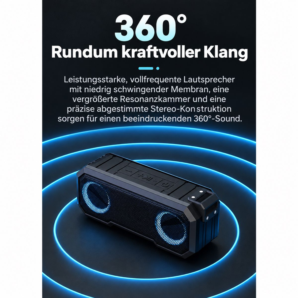 Schwarzer Bluetooth-Lautsprecher mit blauer Ringbeleuchtung und deutschem Werbetext über 360-Grad-Sound.