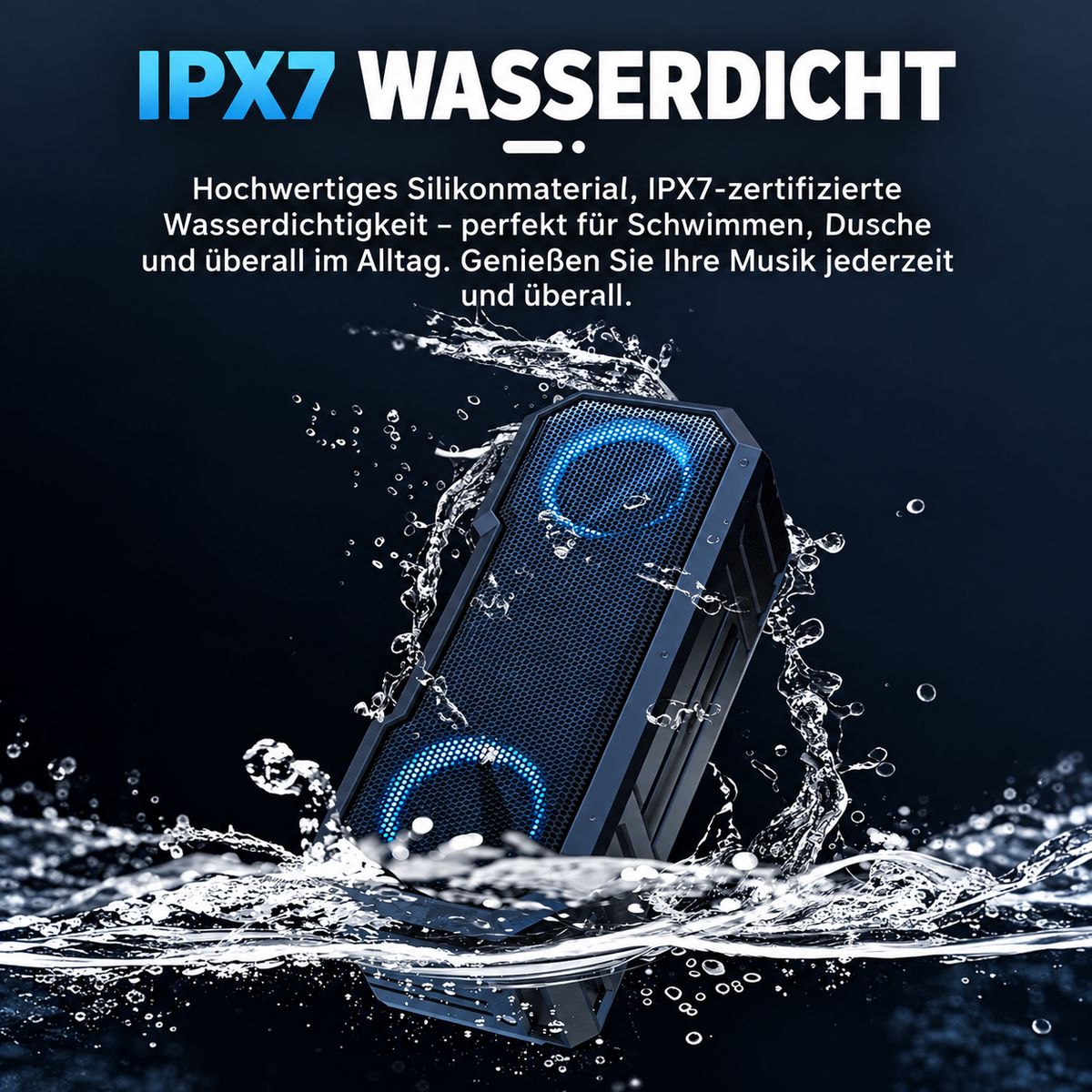 Ein wasserdichter schwarzer Bluetooth-Lautsprecher mit blau leuchtenden Lichtern, umgeben von spritzendem Wasser.